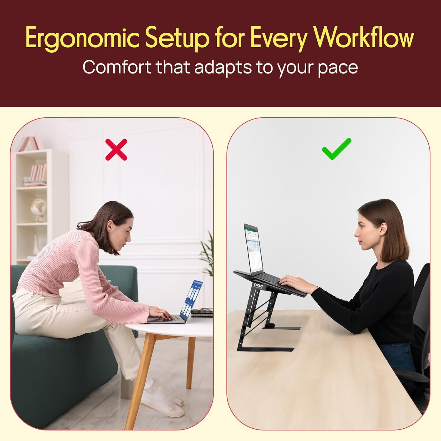 Demonstrates the ergonomic advantage of using the laptop stand by contrasting poor posture (hunched over) with proper posture (upright with elevated screen), showing shoppers the health and comfort…