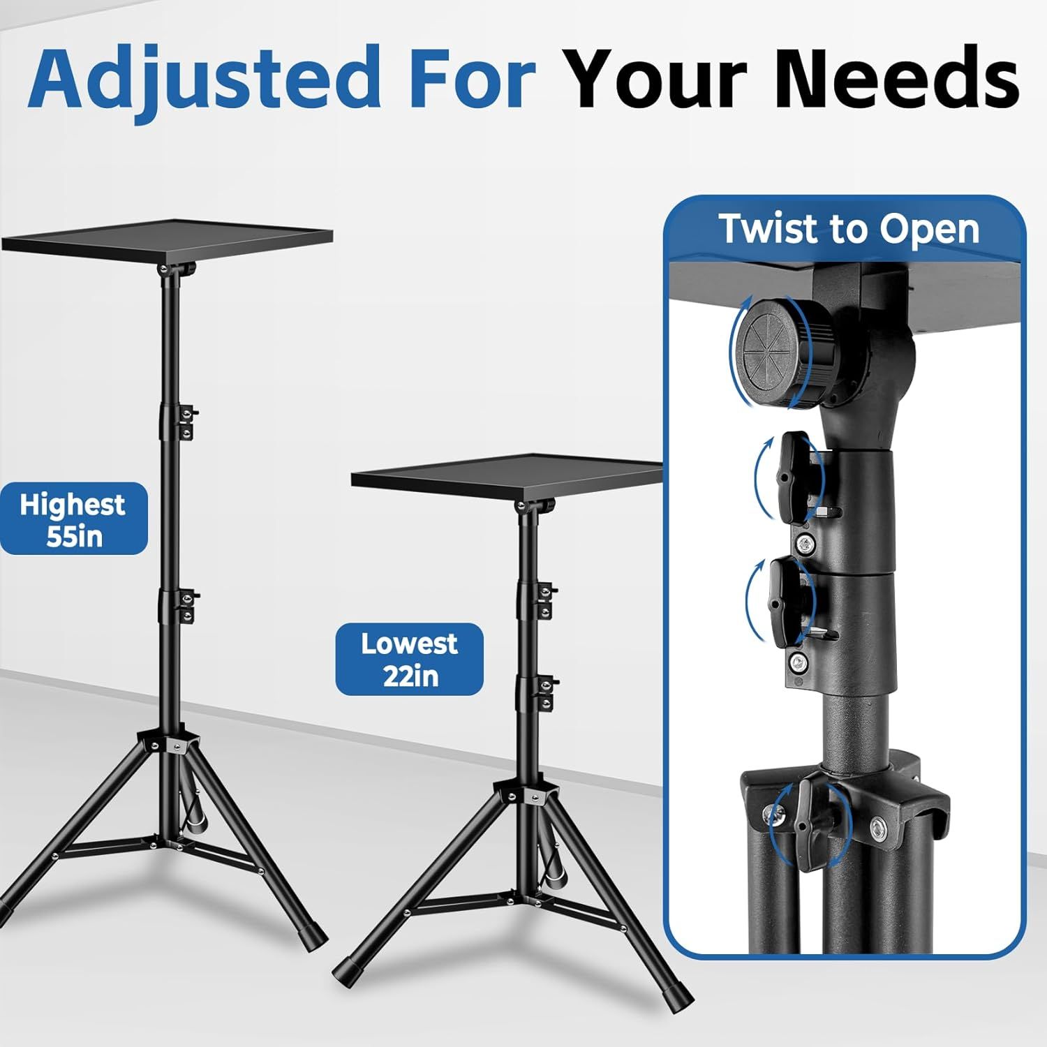 Communicates the adjustable height range of the stand (22-55 inches) and the twist-to-open locking mechanism, showing versatility and ease of use for different setups.