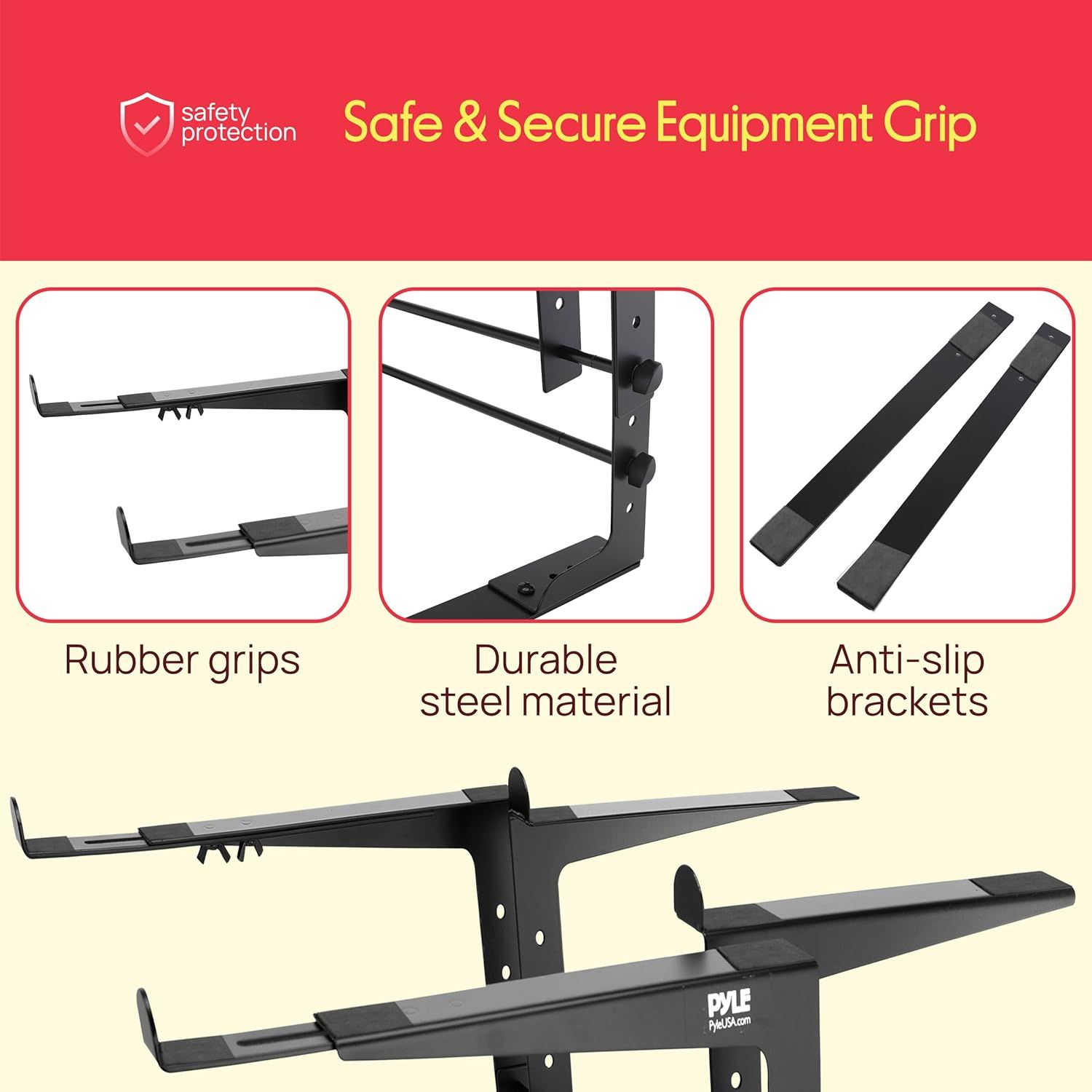 Showcases three key safety and durability features of the equipment grip to reassure shoppers that the product is secure, stable, and built to last.