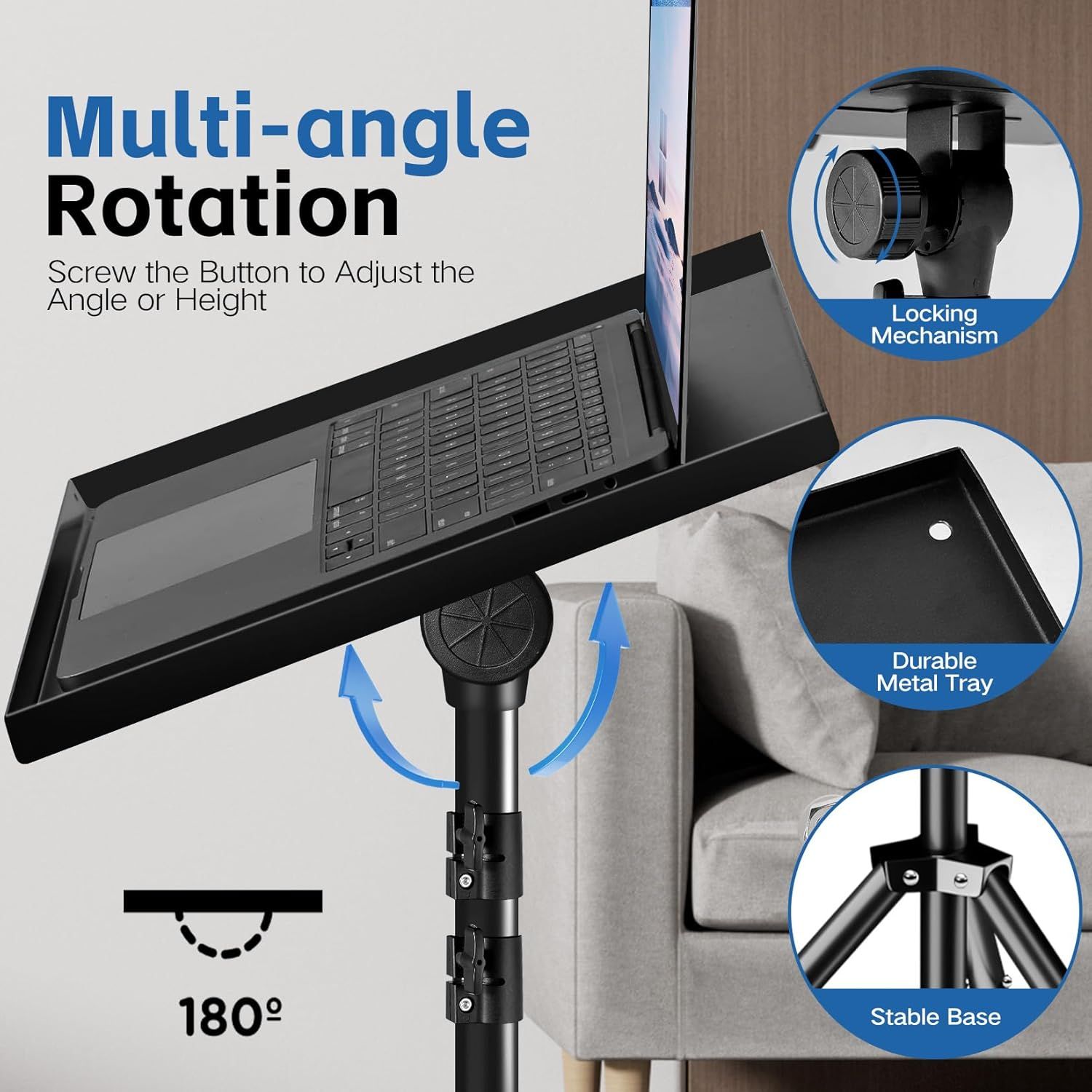Showcases multiple features of the laptop stand including its 180-degree rotation capability, locking mechanism, durable metal tray, and stable base to demonstrate versatility and build quality.
