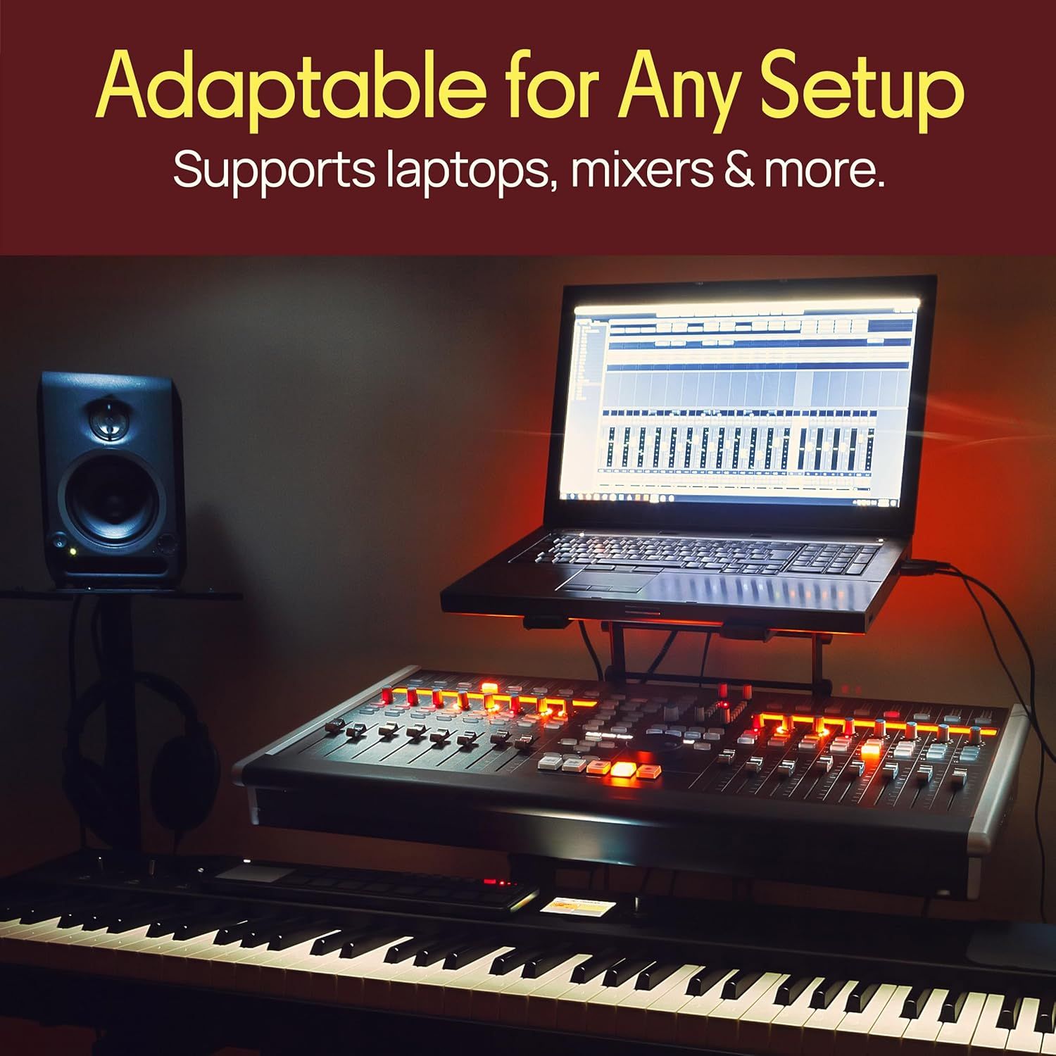 Demonstrates that the product can support various music production equipment including laptops, mixers, and keyboards in a professional studio setup.