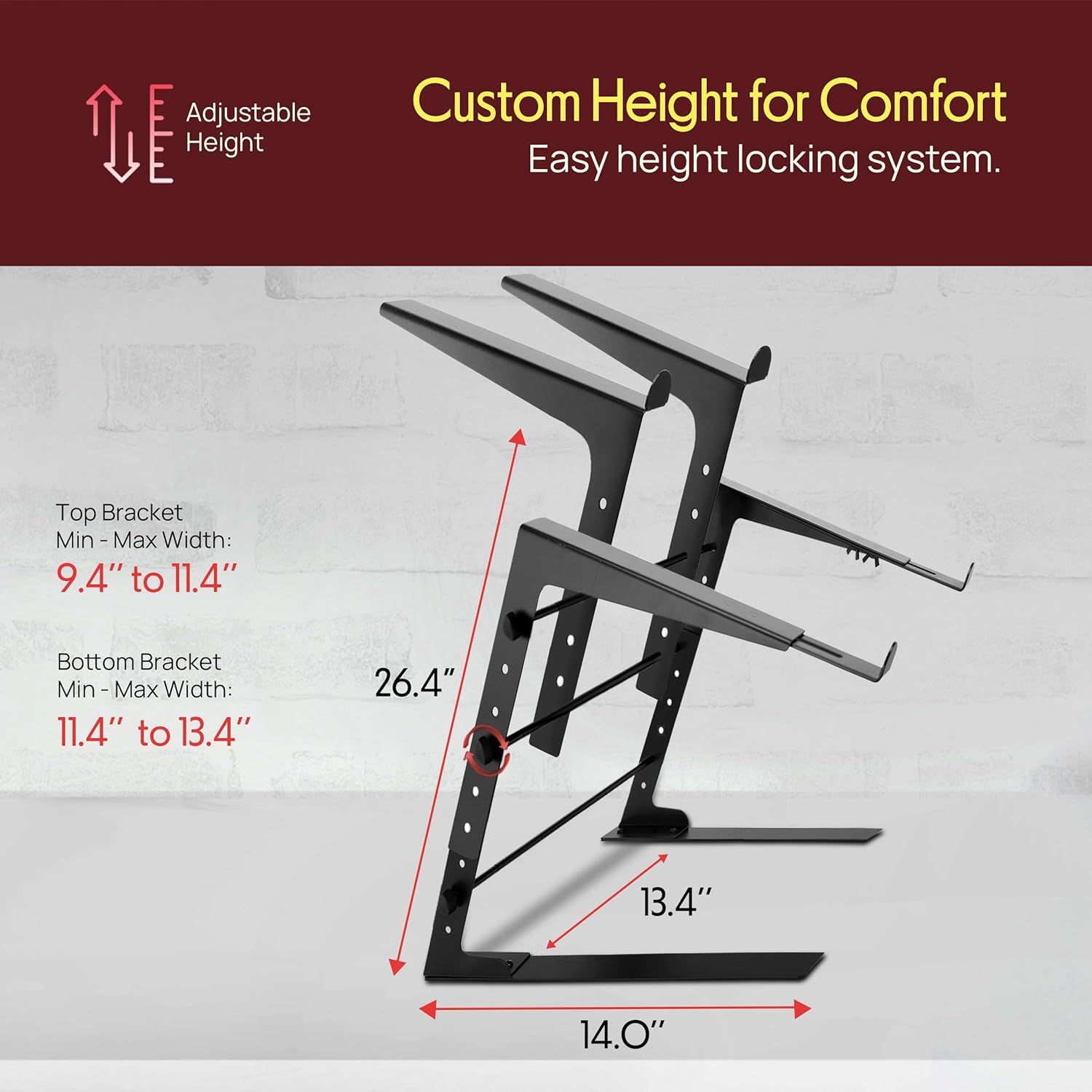 Communicates that the product offers customizable height adjustment with an easy locking mechanism, providing comfort and flexibility for the user. Provides detailed measurements of the stand…