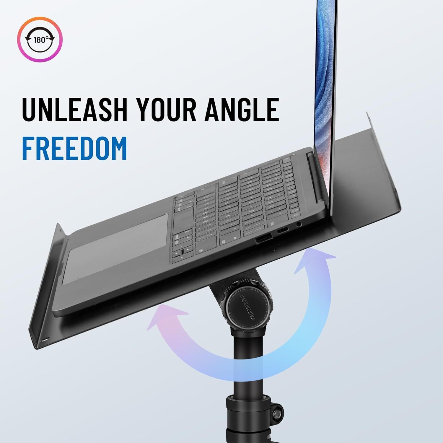 Communicates that the laptop stand offers 180-degree rotational freedom, allowing users to adjust the viewing angle for optimal ergonomics and flexibility.
