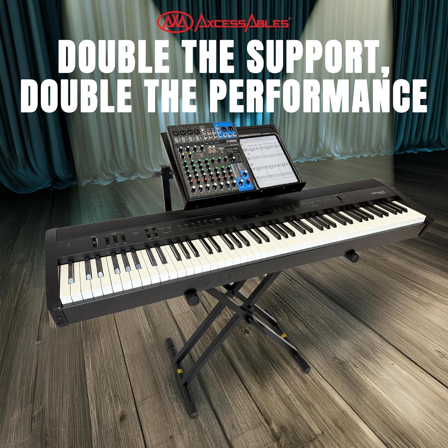 Communicates that the keyboard stand provides enhanced support and performance by allowing musicians to use multiple devices simultaneously, such as a keyboard with a mixer and tablet.