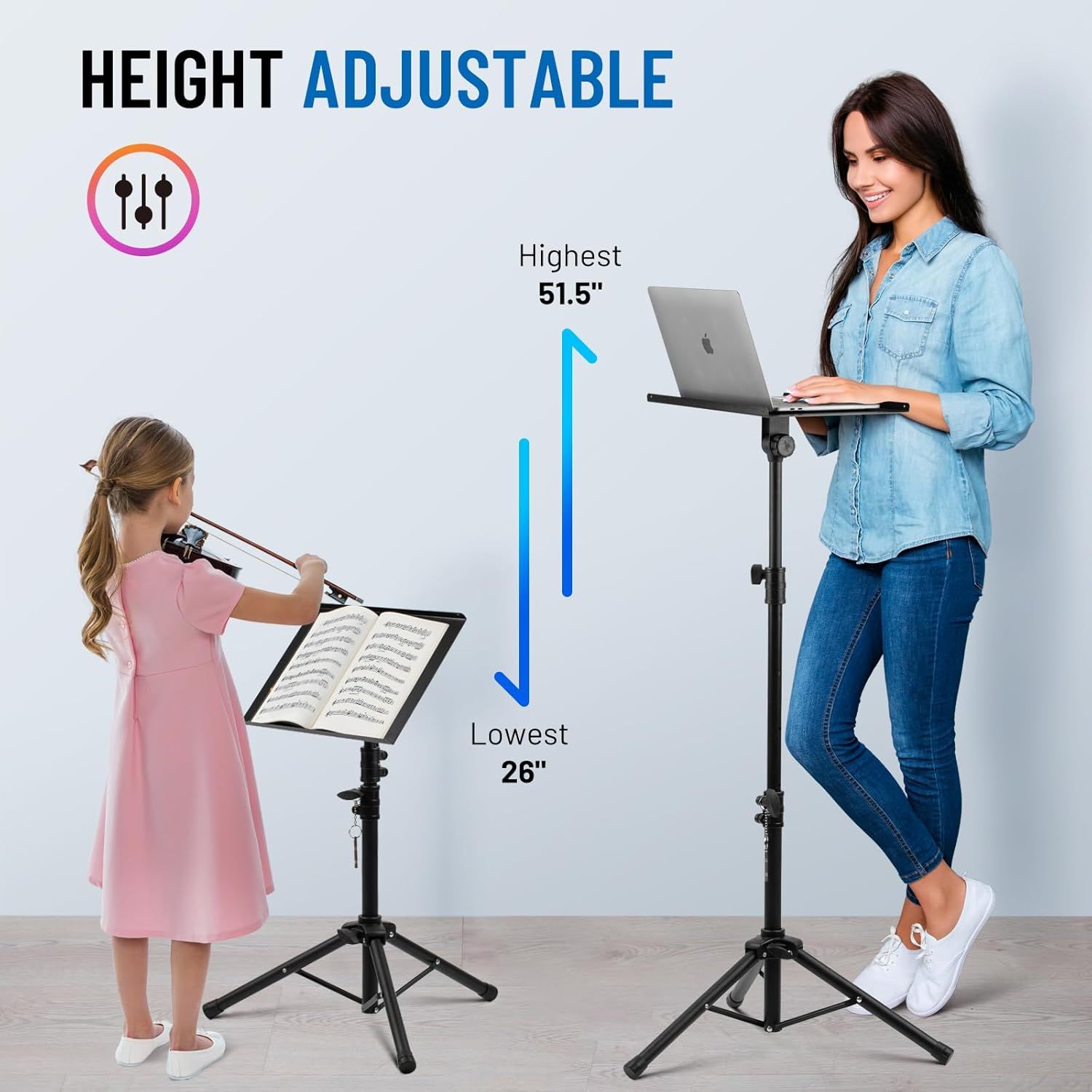 Communicates that the stand is height adjustable from 26 inches to 51.5 inches, making it versatile for users of different heights and use cases.