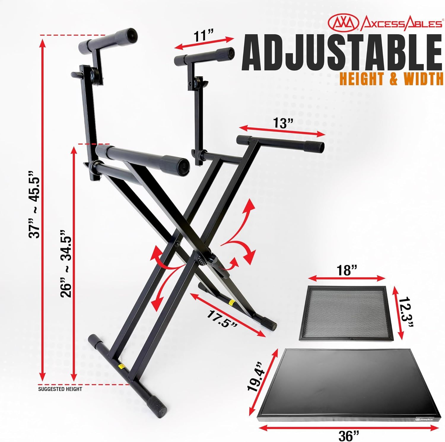 Communicates the exact dimensions and adjustability of the keyboard stand to help shoppers understand the physical size and customization options available. Highlights the key adjustability feature…