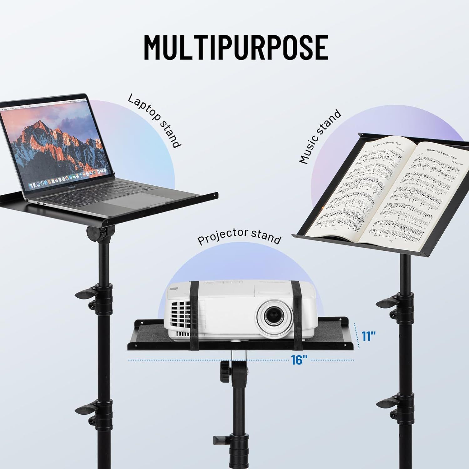 Demonstrates the versatility of the stand by showing three different use cases: as a laptop stand, music stand, and projector stand, helping shoppers understand the product can serve multiple…