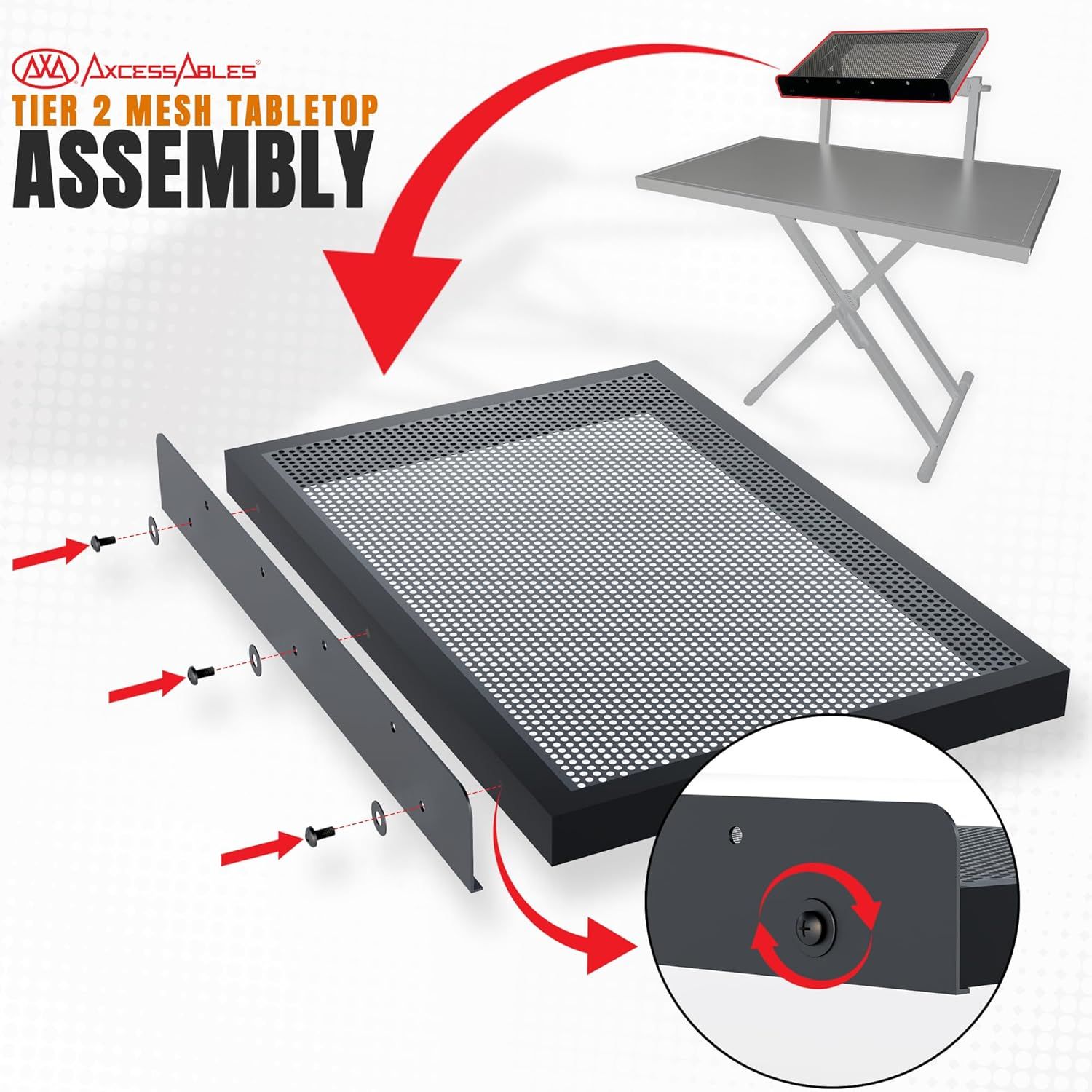 This image provides step-by-step visual instructions showing how to assemble the mesh tabletop accessory by attaching the side panels with screws, helping customers understand the setup process.