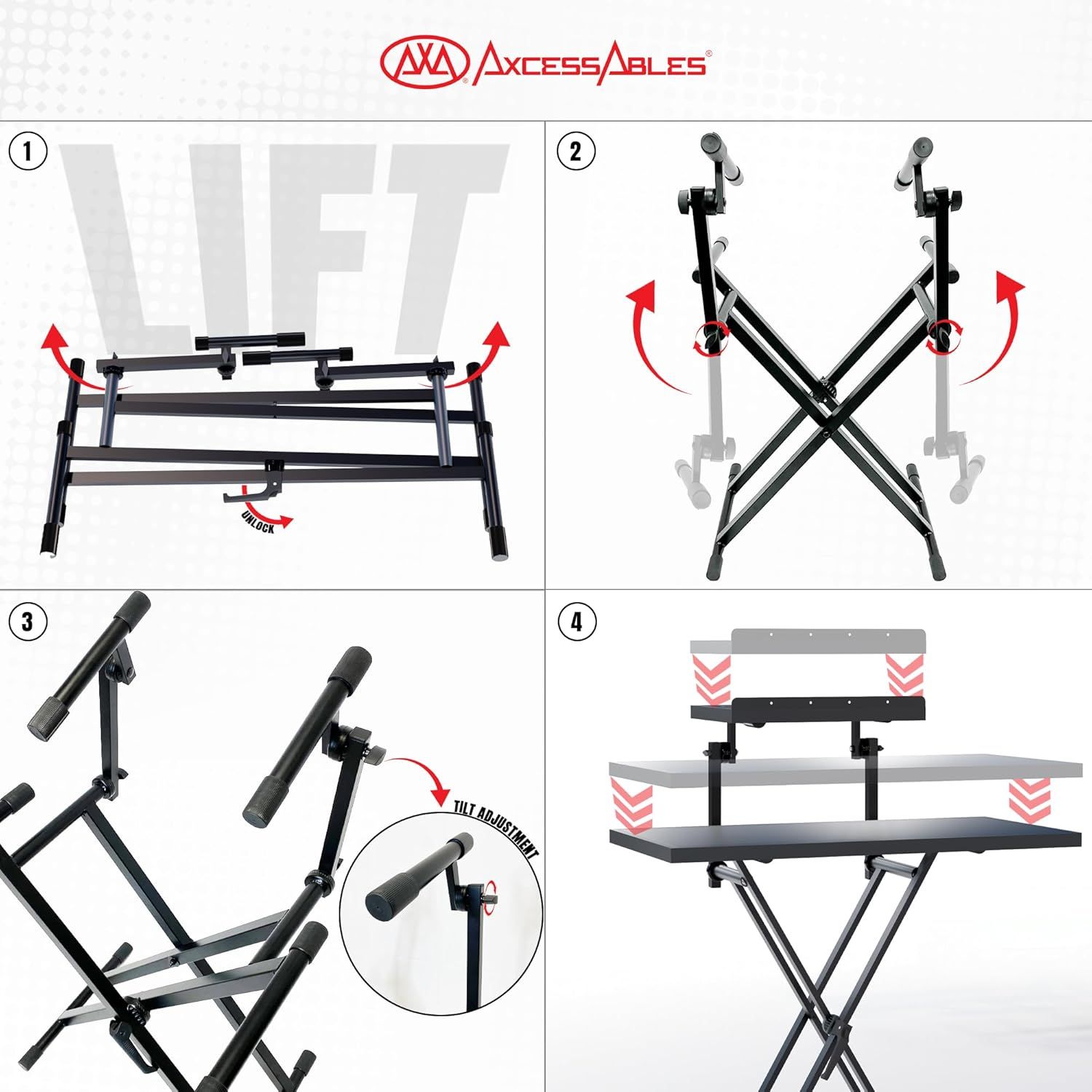 Provides step-by-step visual instructions showing how to assemble and set up the keyboard stand, including lifting, folding, adjusting tilt, and final configuration.