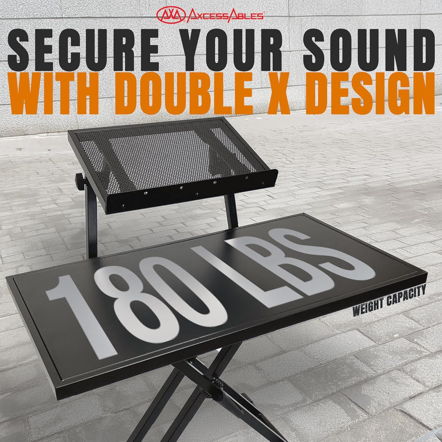 Communicates the structural stability and high weight capacity of the product through its Double X design, reassuring shoppers that it can securely support heavy audio equipment.