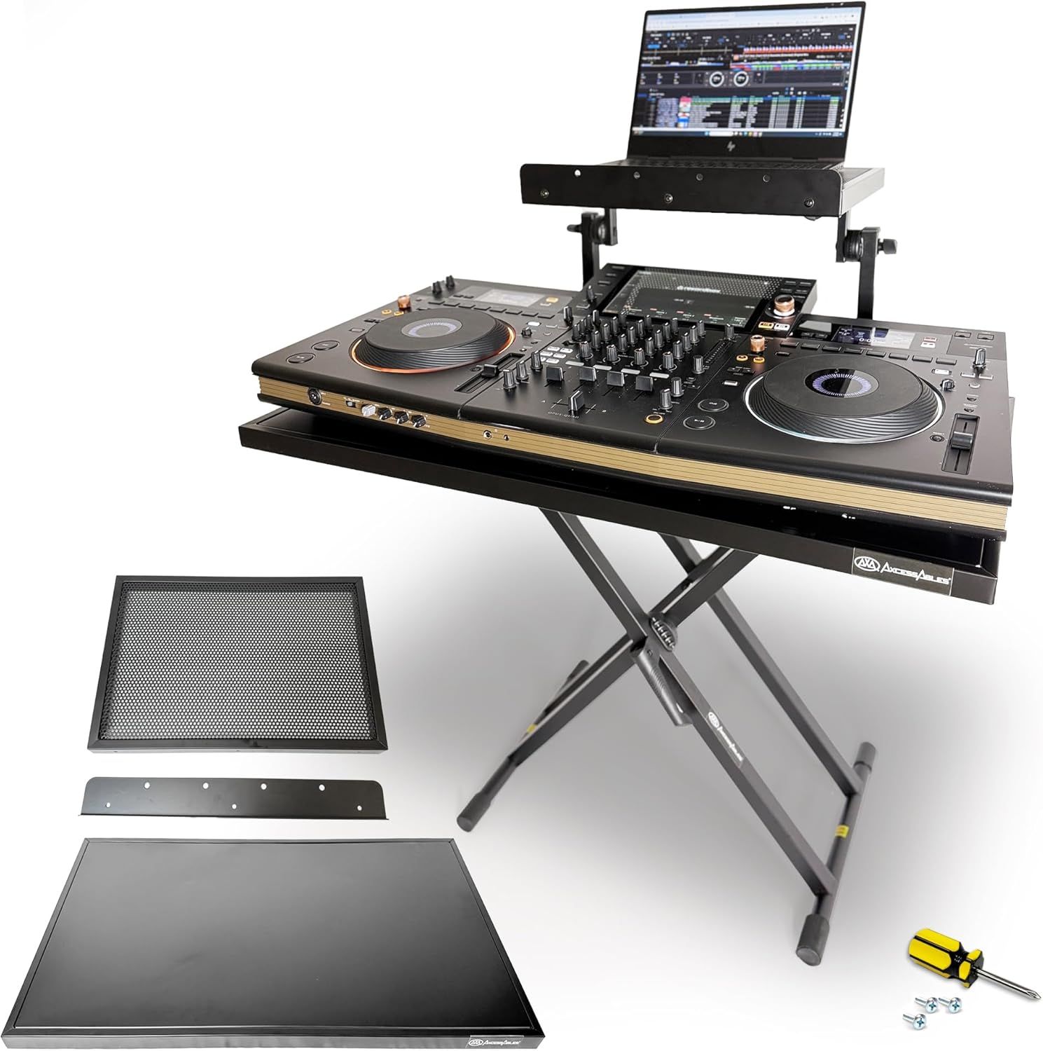 Shows all components included with the purchase: the adjustable stand, laptop mount, additional shelves, and assembly tools to help shoppers understand the complete package they will receive.