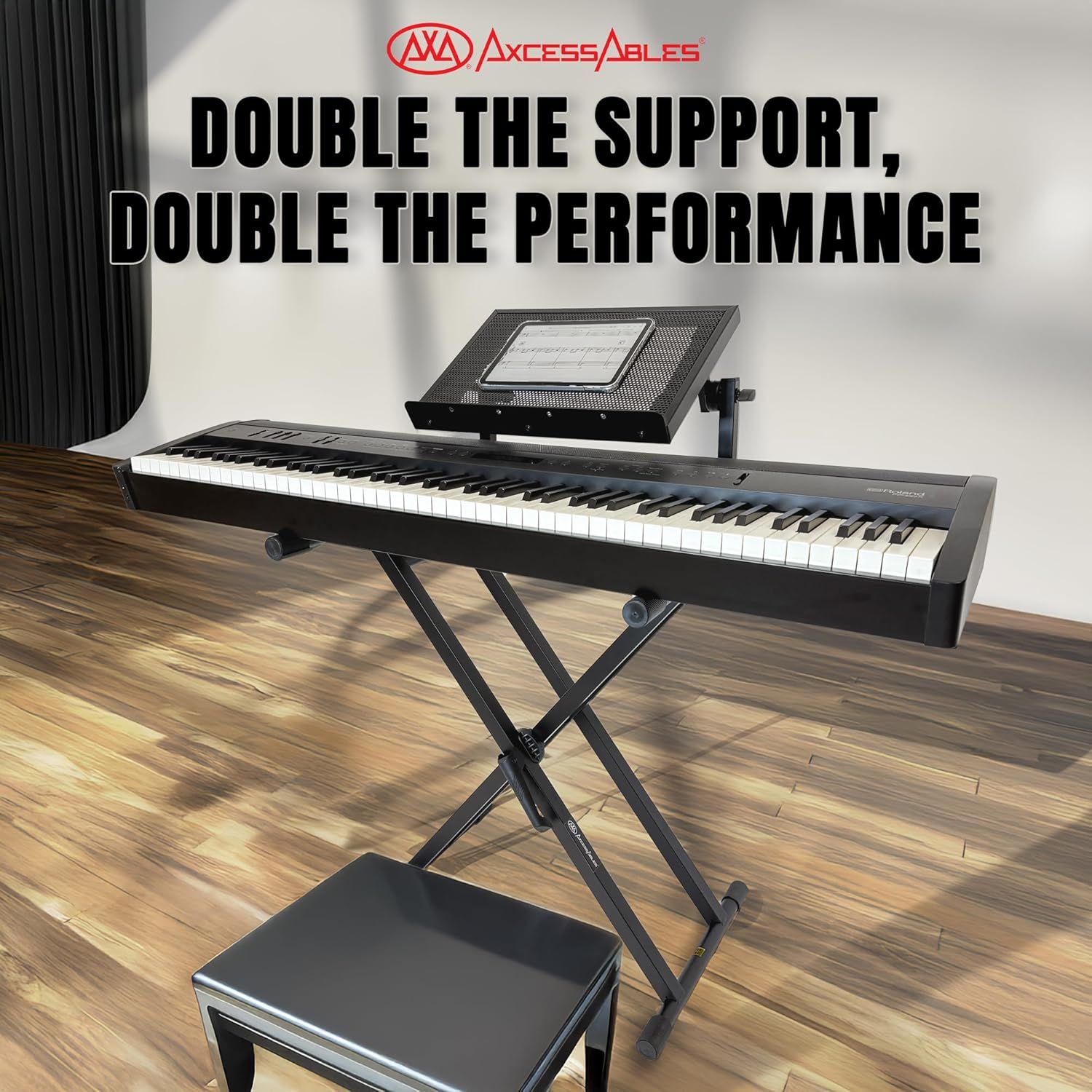 Communicates that the keyboard stand provides enhanced support and performance capabilities for musicians, emphasizing stability and functionality.