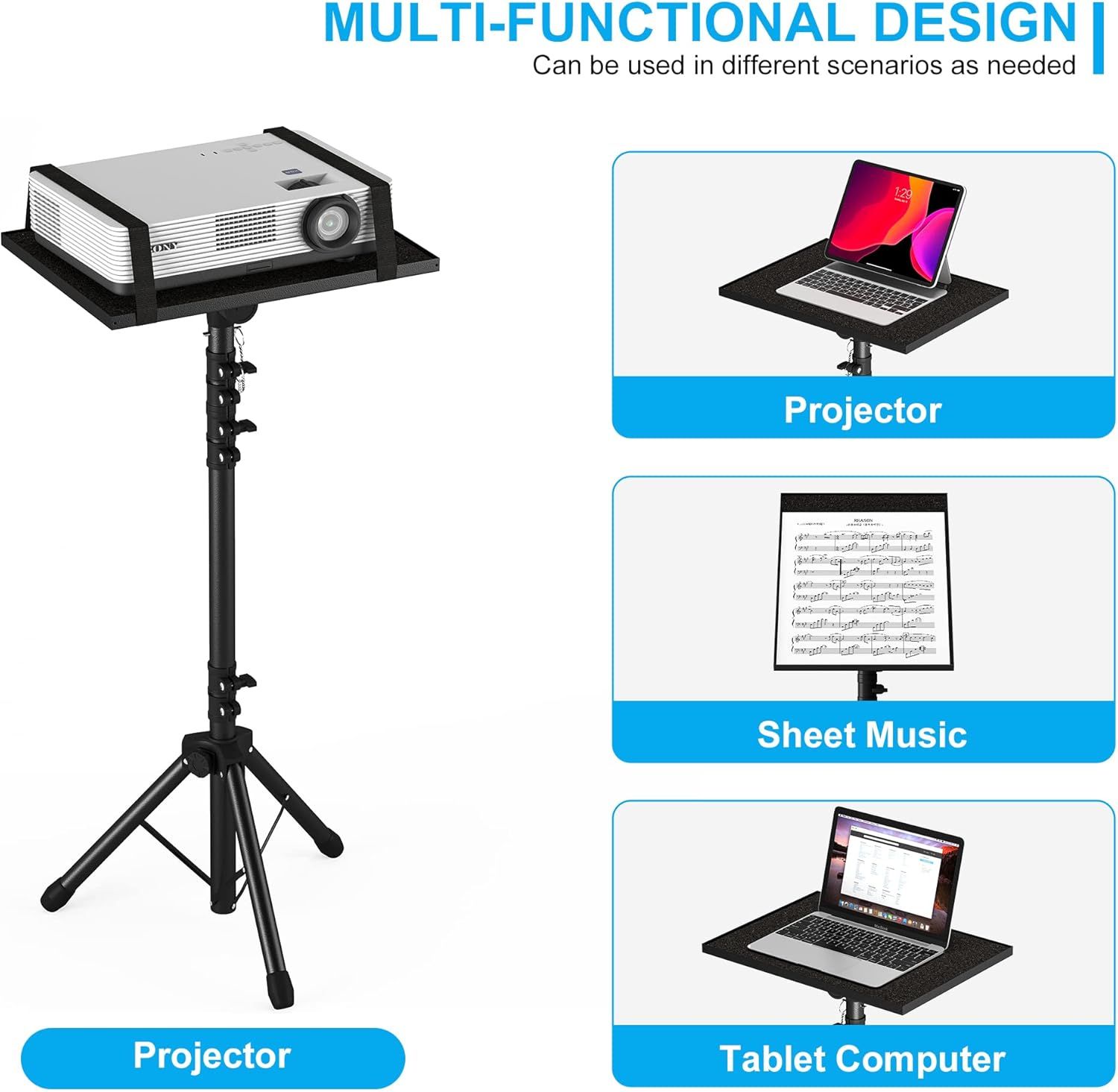 Demonstrates the different scenarios where the projector stand can be used, including holding a projector, laptop, sheet music, and tablet computer, to showcase its versatility and multiple…