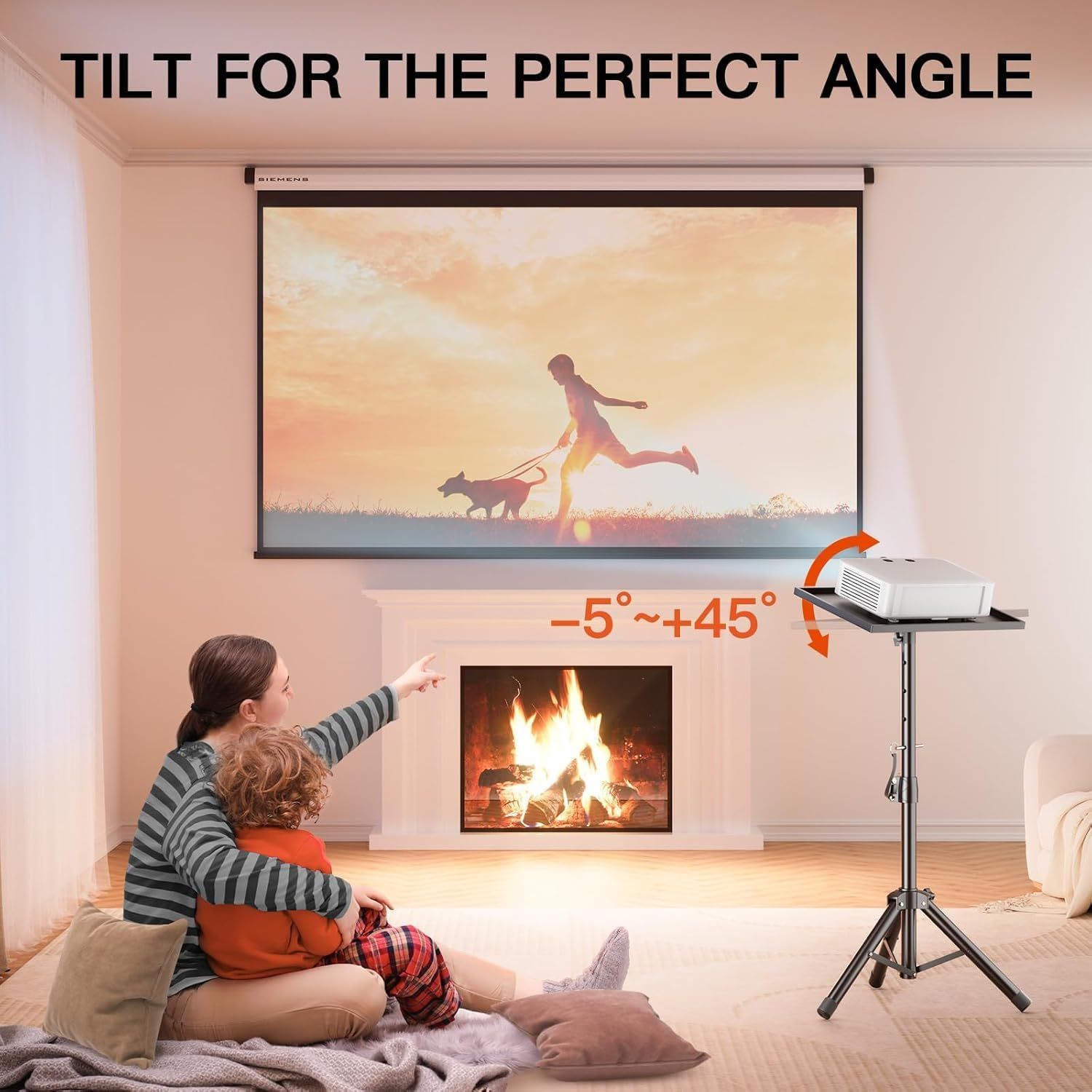 Communicates that the projector can be tilted within a range of -5 to +45 degrees to achieve the perfect viewing angle for optimal projection.