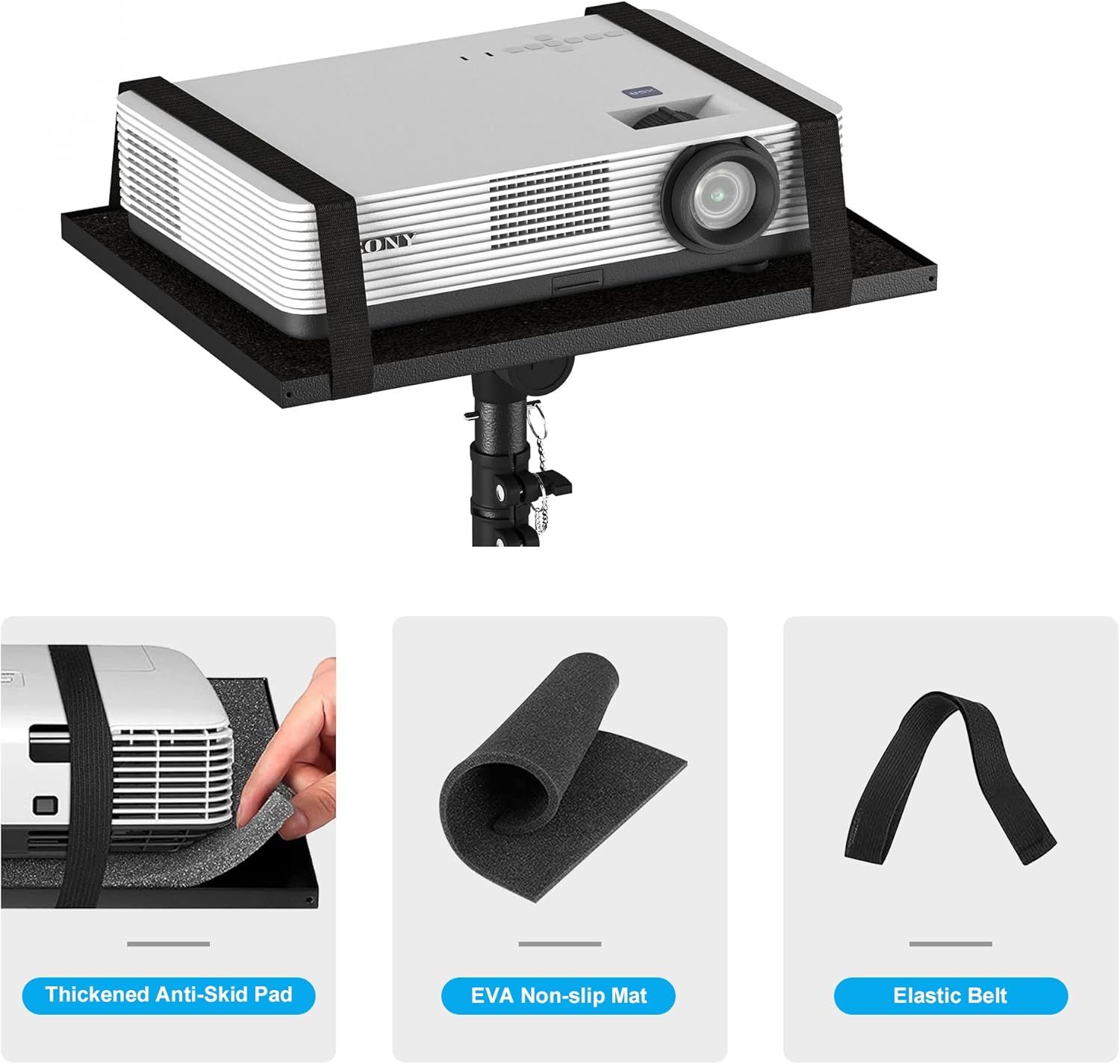 Showcases three key features of the projector mount accessory to demonstrate stability, non-slip protection, and secure fastening capabilities.