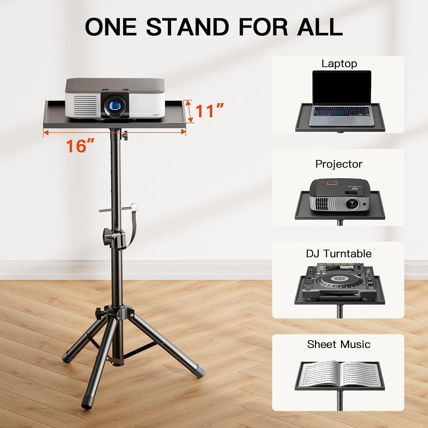 Demonstrates the versatility of the stand by showing it can accommodate multiple types of equipment and use cases, helping shoppers understand its broad applicability. Provides exact measurements of…
