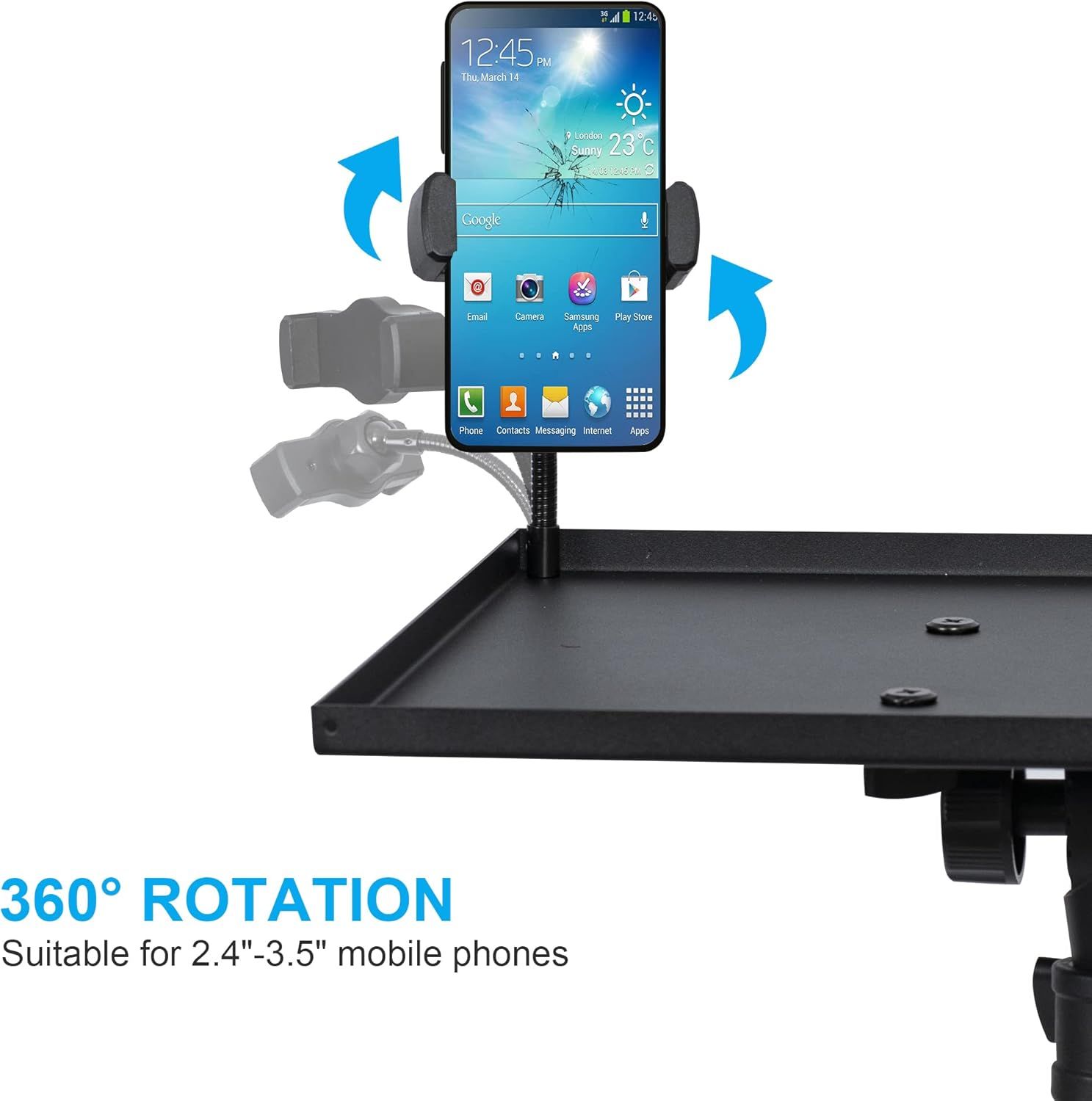 Highlights the phone holder's ability to rotate 360 degrees, allowing users to adjust viewing angles for optimal convenience and flexibility.