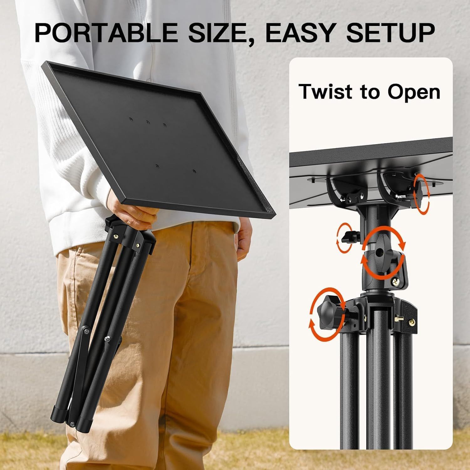 Communicates that the product is both portable and easy to set up by showing the folded tripod stand and the twist-to-open mechanism, reassuring shoppers of convenience and simplicity.