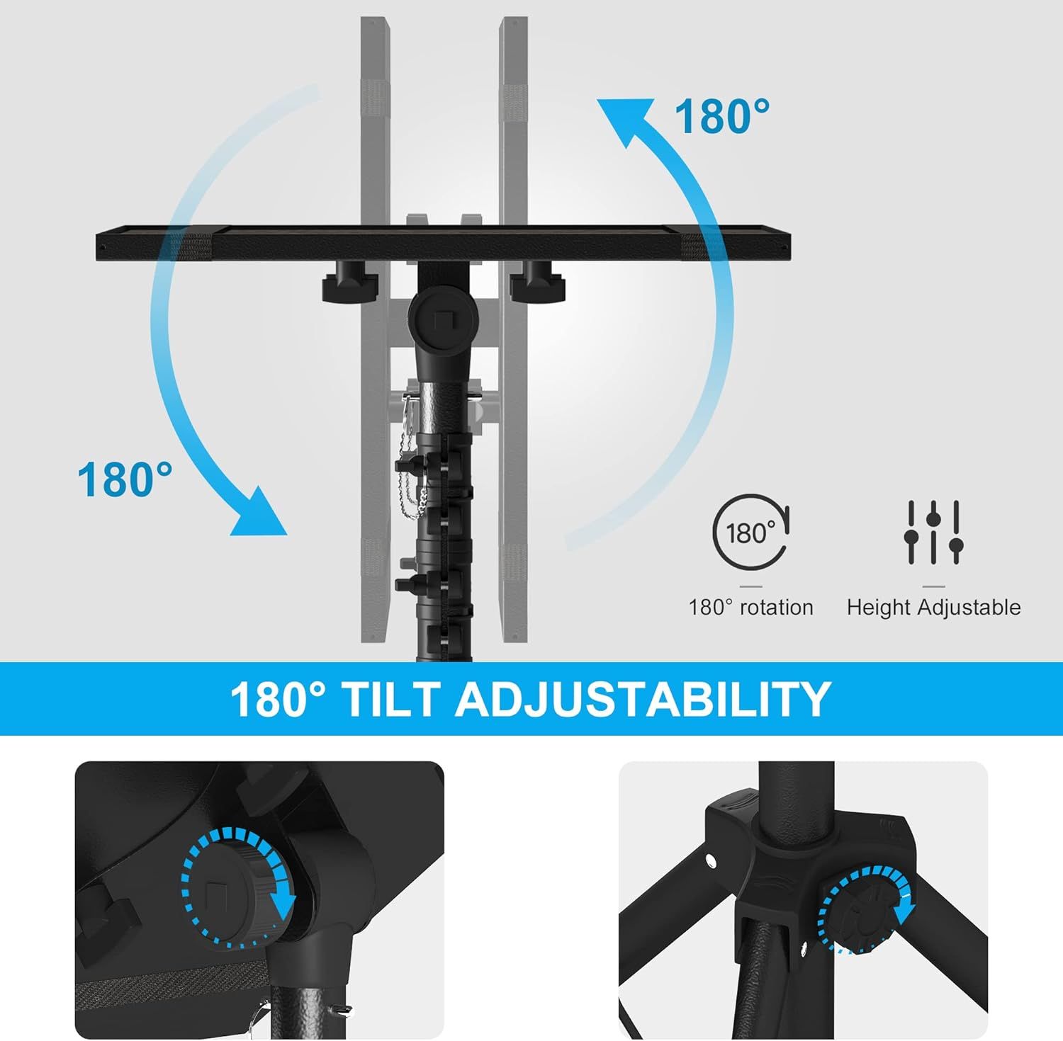 Communicates the product's dual adjustability features—180-degree rotation and height adjustment—to show shoppers the flexibility and customization options available for optimal positioning.