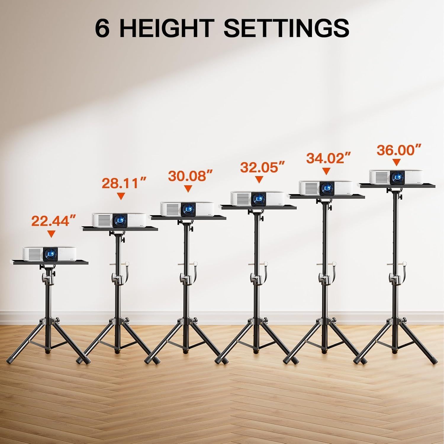 Communicates that the projector stand offers 6 different height settings ranging from 22.44 inches to 36.00 inches, allowing users to customize the setup for various projection needs.
