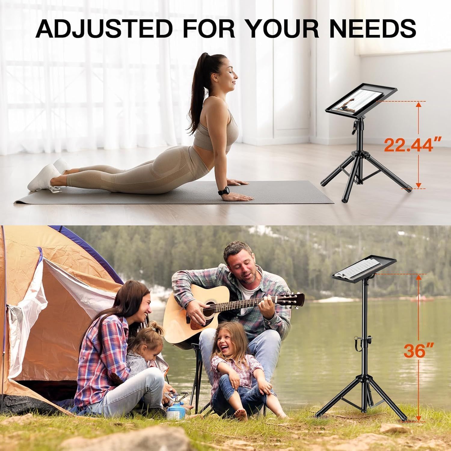 Demonstrates the versatility of the tablet stand by showing it can be adjusted for different activities like yoga workouts and outdoor family entertainment. Shows the specific height adjustments…