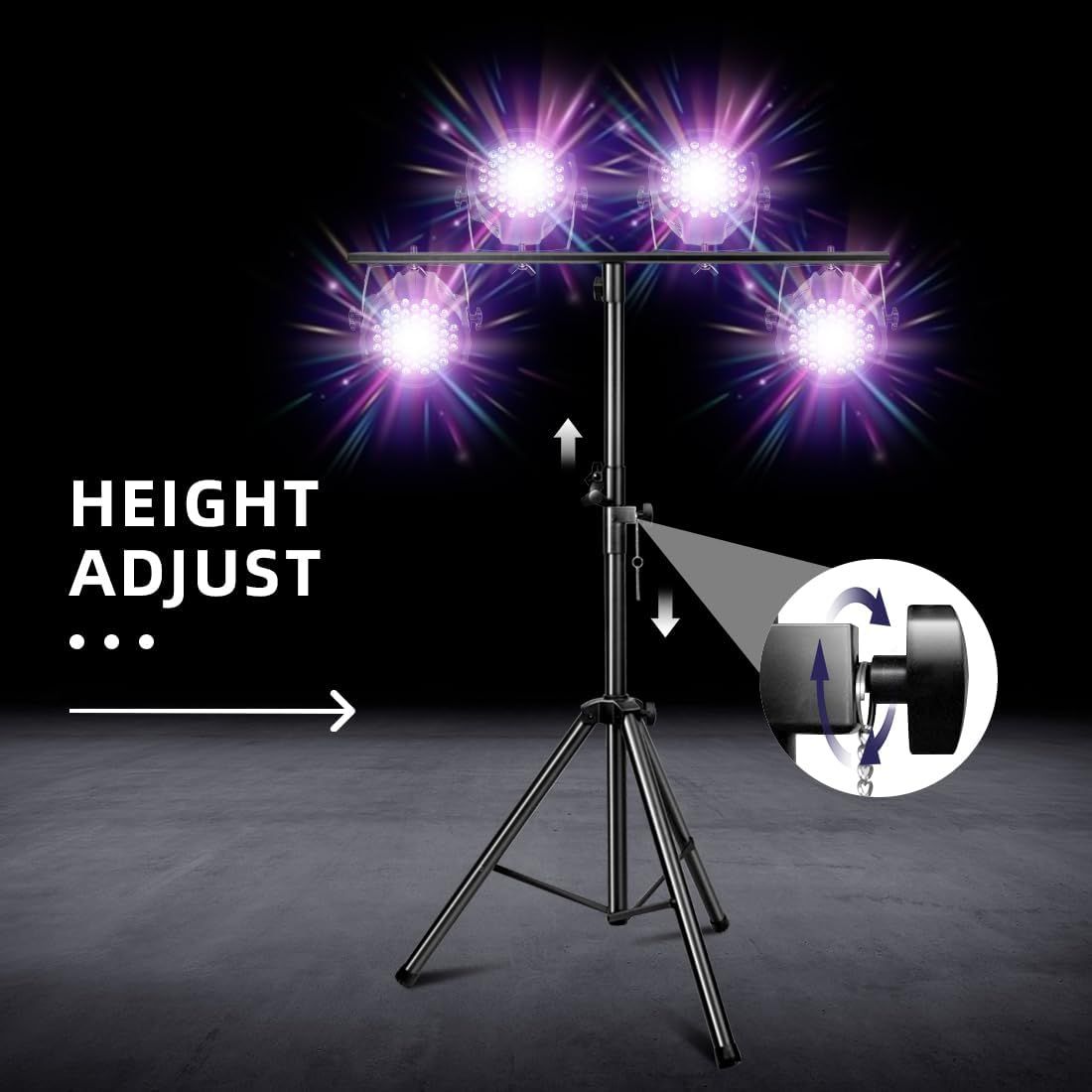 Communicates that the lighting stand features an adjustable height mechanism, allowing users to customize the positioning of the lights for different setups and needs.