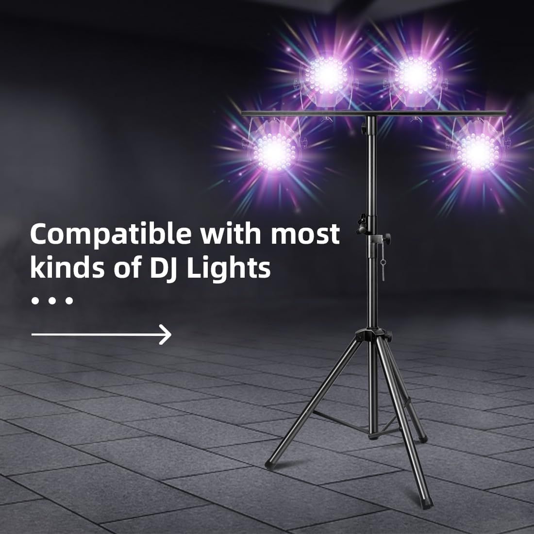 Communicates that the stand is compatible with most kinds of DJ lights, reassuring buyers that it will work with their existing equipment.