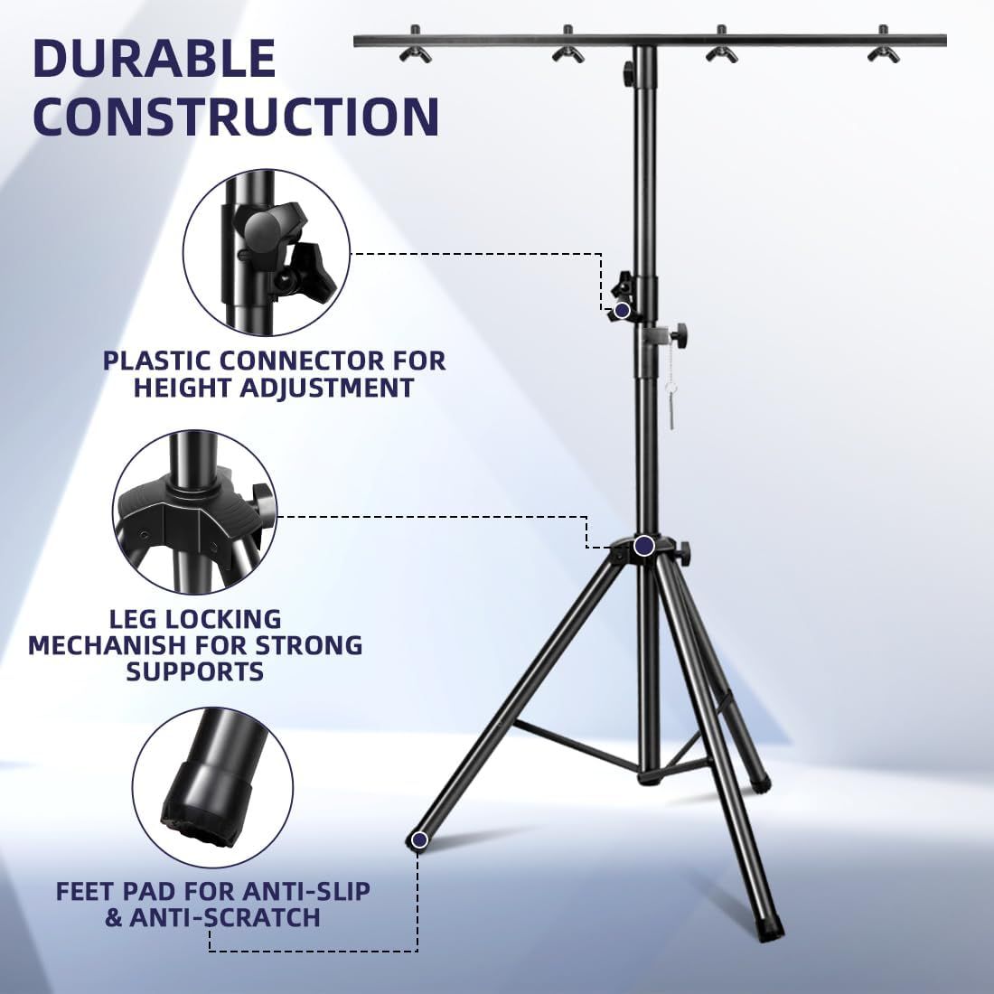 This image breaks down the lighting stand by highlighting specific structural components with callouts and zoomed-in views to help shoppers understand the durable construction and functional…