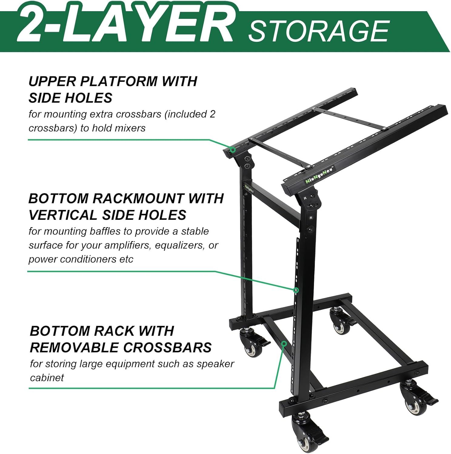 This image breaks down the structural components and mounting features of the 2-layer storage rack to help shoppers understand how each part functions for organizing audio equipment.