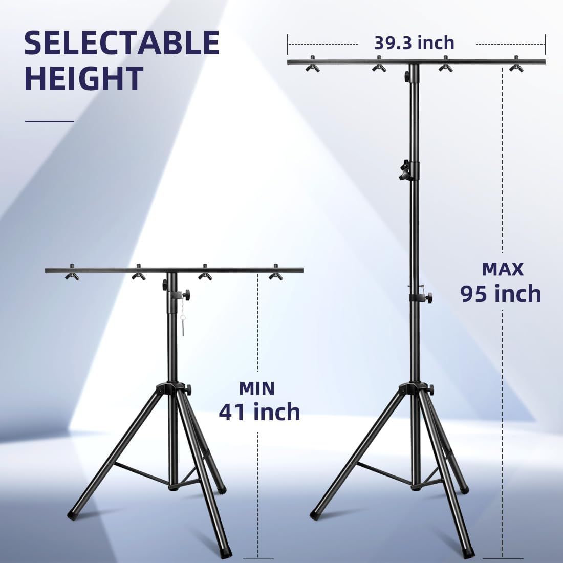 Communicates the adjustable height feature of the lighting stand, showing minimum and maximum dimensions to help shoppers understand the product's versatility and size range.