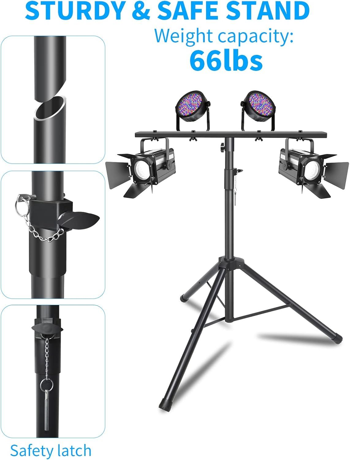 Communicates multiple features of the lighting stand including its sturdy construction, 66lb weight capacity, and safety latch mechanism to reassure buyers of its stability and secure design.