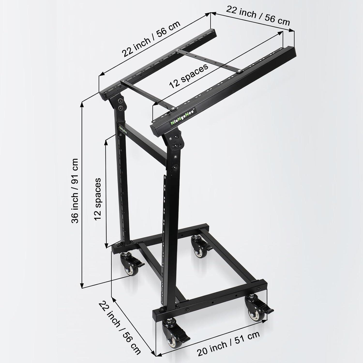 Provides precise measurements of the rack in both inches and centimeters to help shoppers understand the exact physical size and ensure it fits their space and equipment needs.