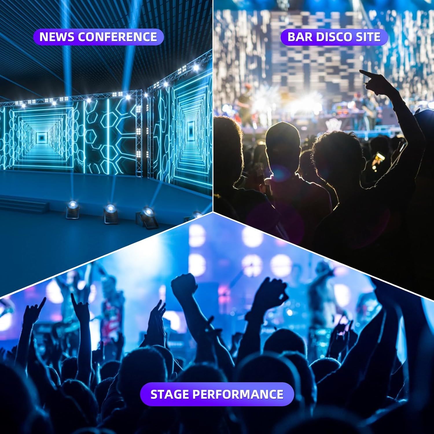 Demonstrates the product's versatility by showing three different application environments: news conferences, bar/disco sites, and stage performances, proving it works across diverse professional…