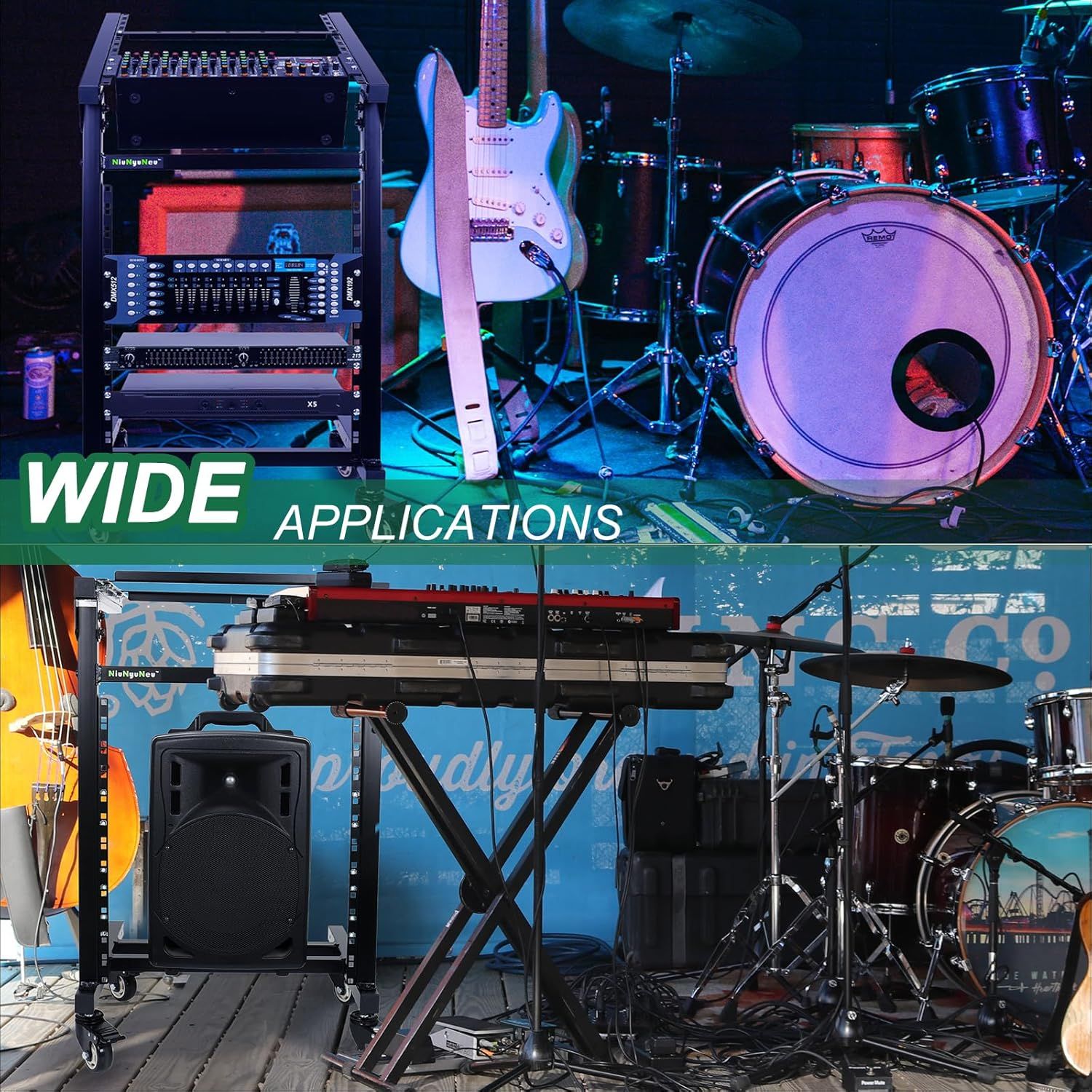 Demonstrates the versatility of the product by showing it can be used in multiple musical environments including live performances and studio settings.
