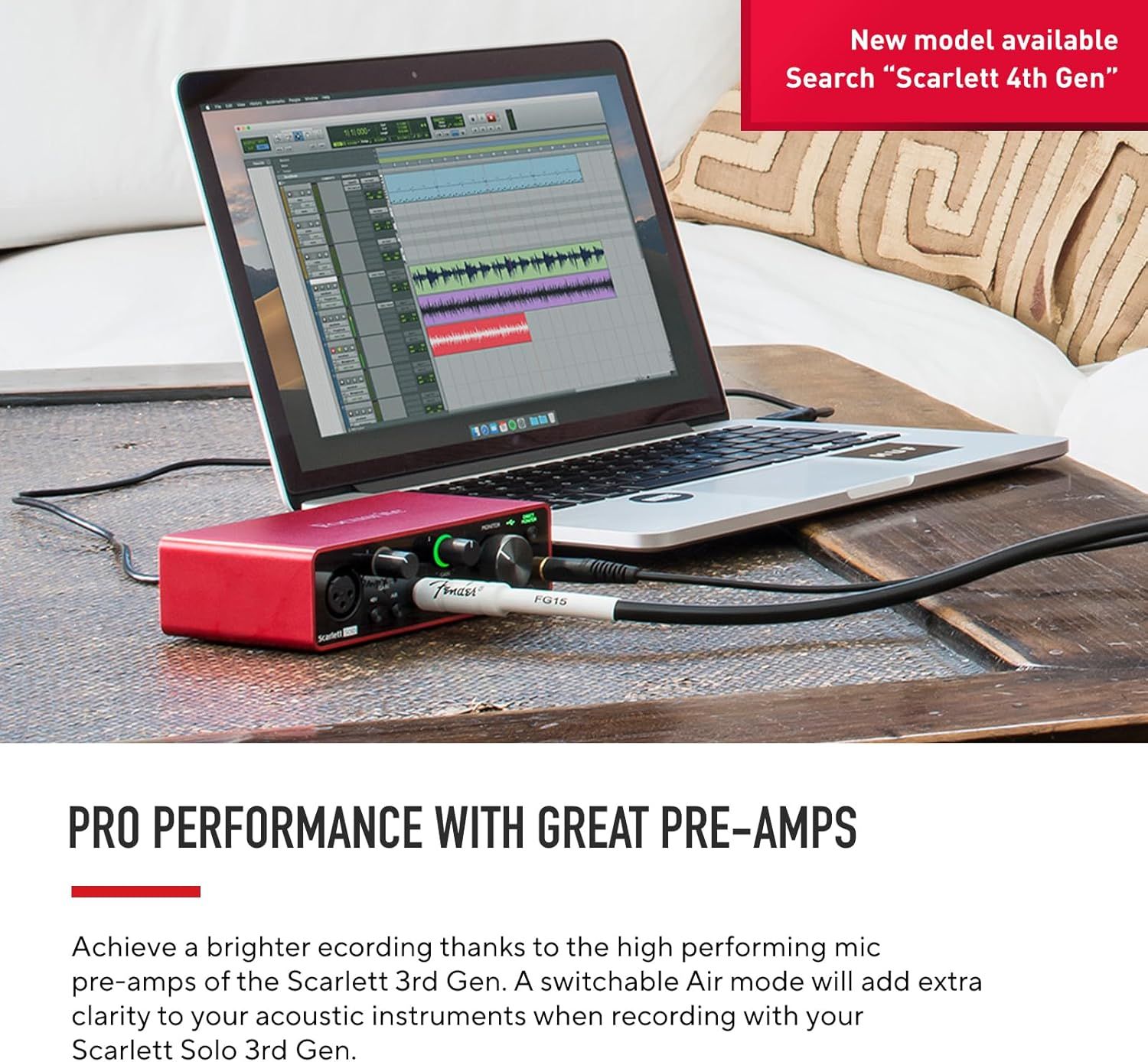 Communicates that the audio interface delivers professional-grade recording quality through high-performing mic pre-amps, reassuring musicians and content creators of superior sound capture.