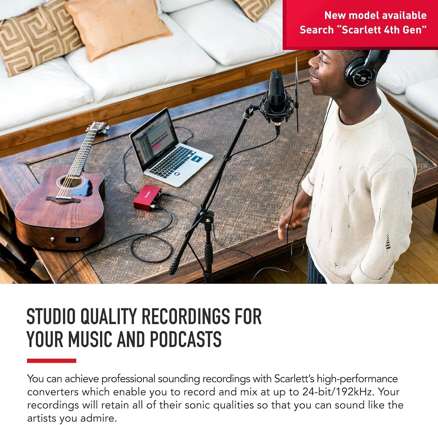 Demonstrates the versatility of the product by showing it can be used for both music and podcast recording in a home studio environment.