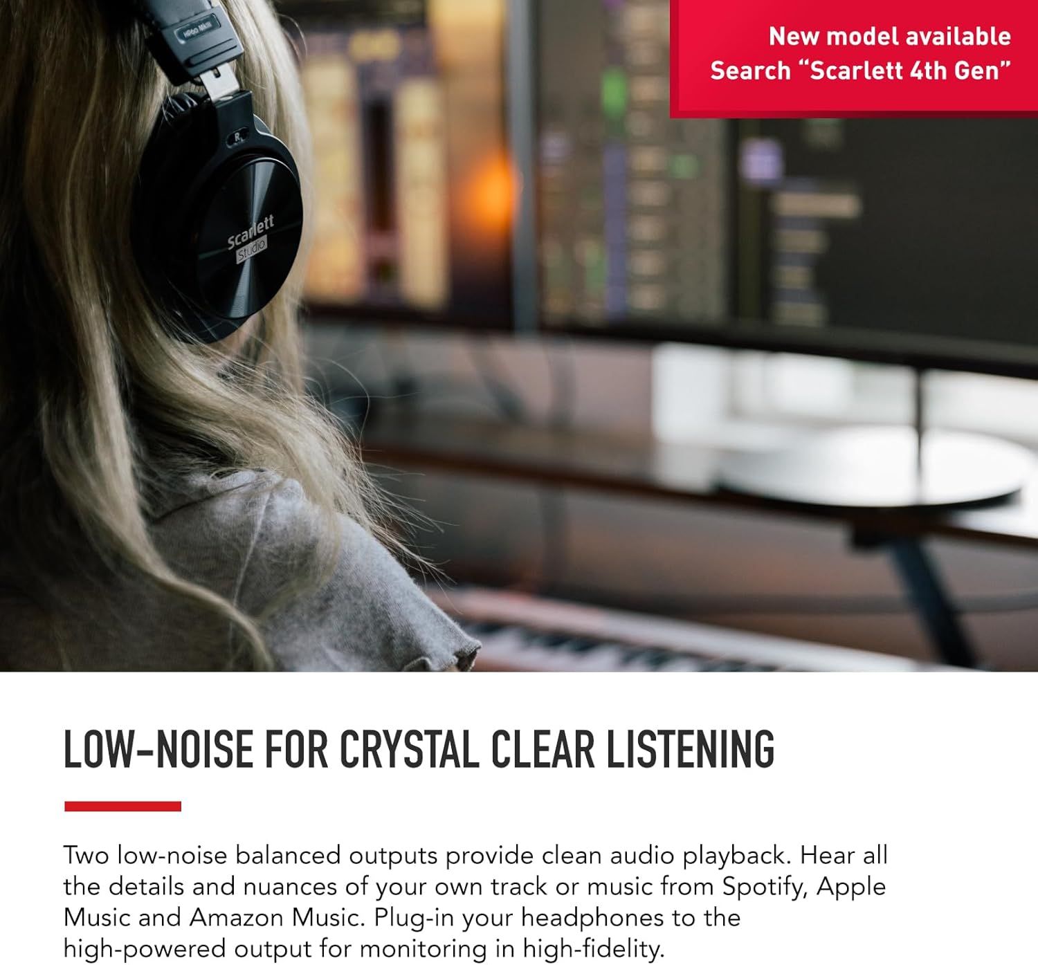 Communicates the headphone's low-noise balanced outputs for crystal clear audio playback, reassuring shoppers about high-fidelity sound quality and compatibility with music streaming services.