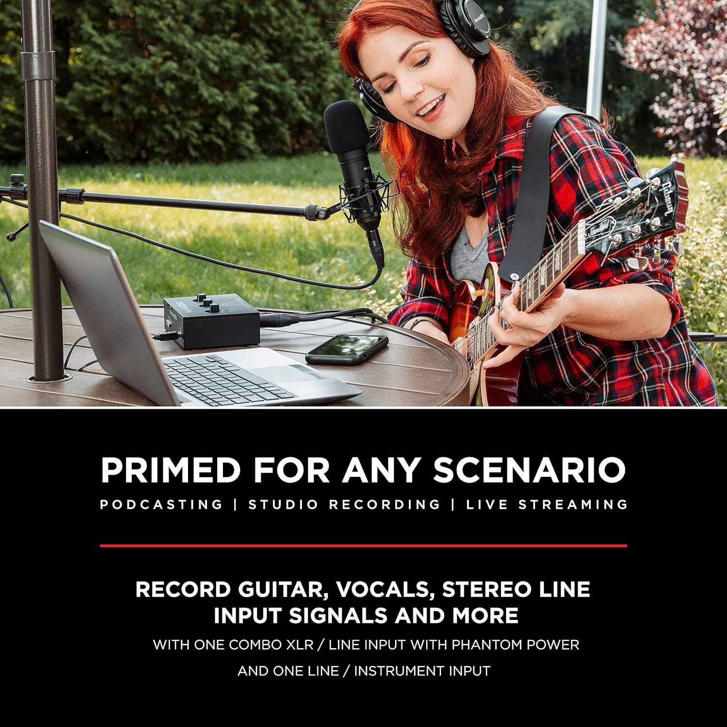 Demonstrates the versatility of the product by showing it can be used for multiple scenarios including podcasting, studio recording, and live streaming. Highlights the multiple recording…