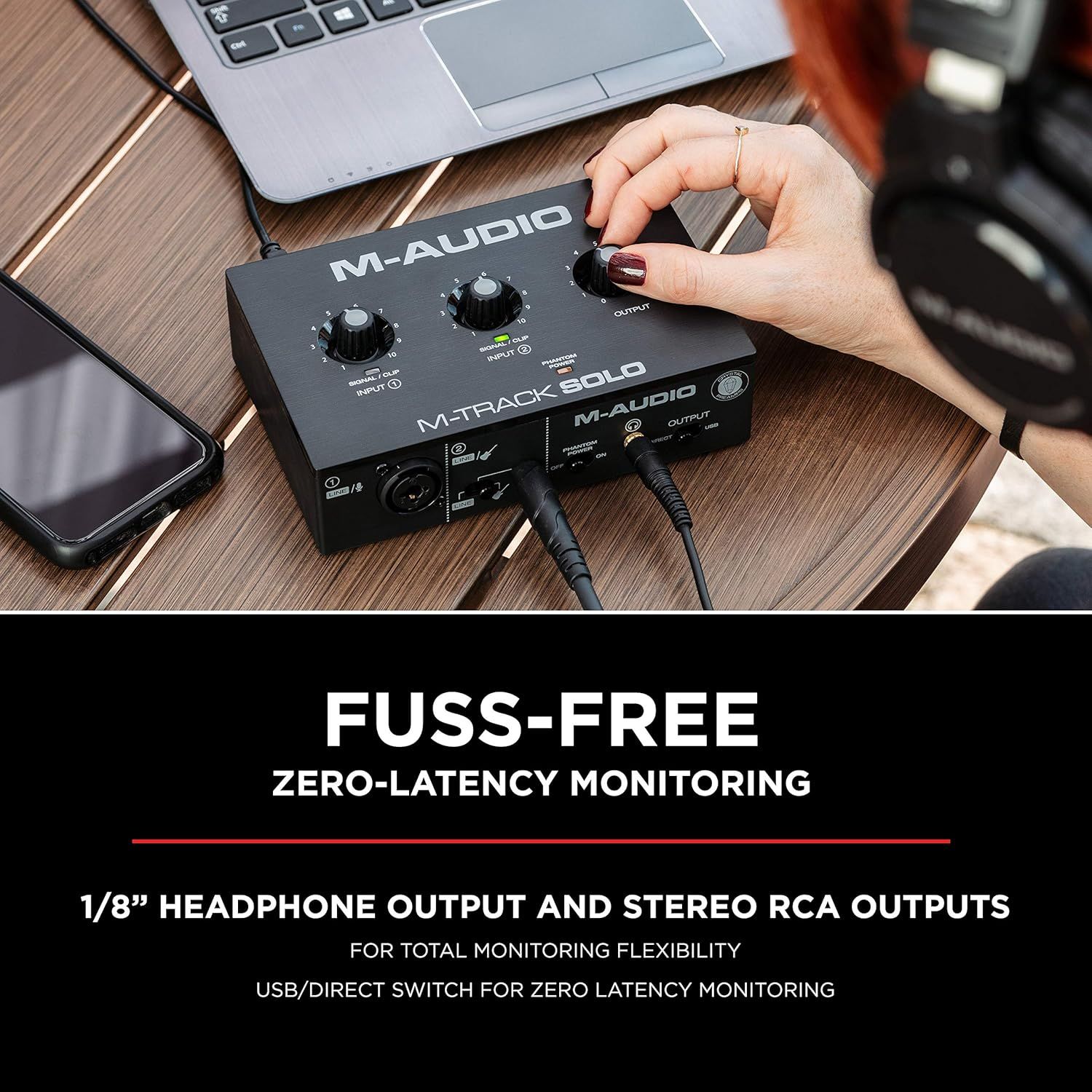 Communicates that the audio interface provides fuss-free, zero-latency monitoring with multiple output options, reassuring musicians and content creators of seamless real-time audio performance.