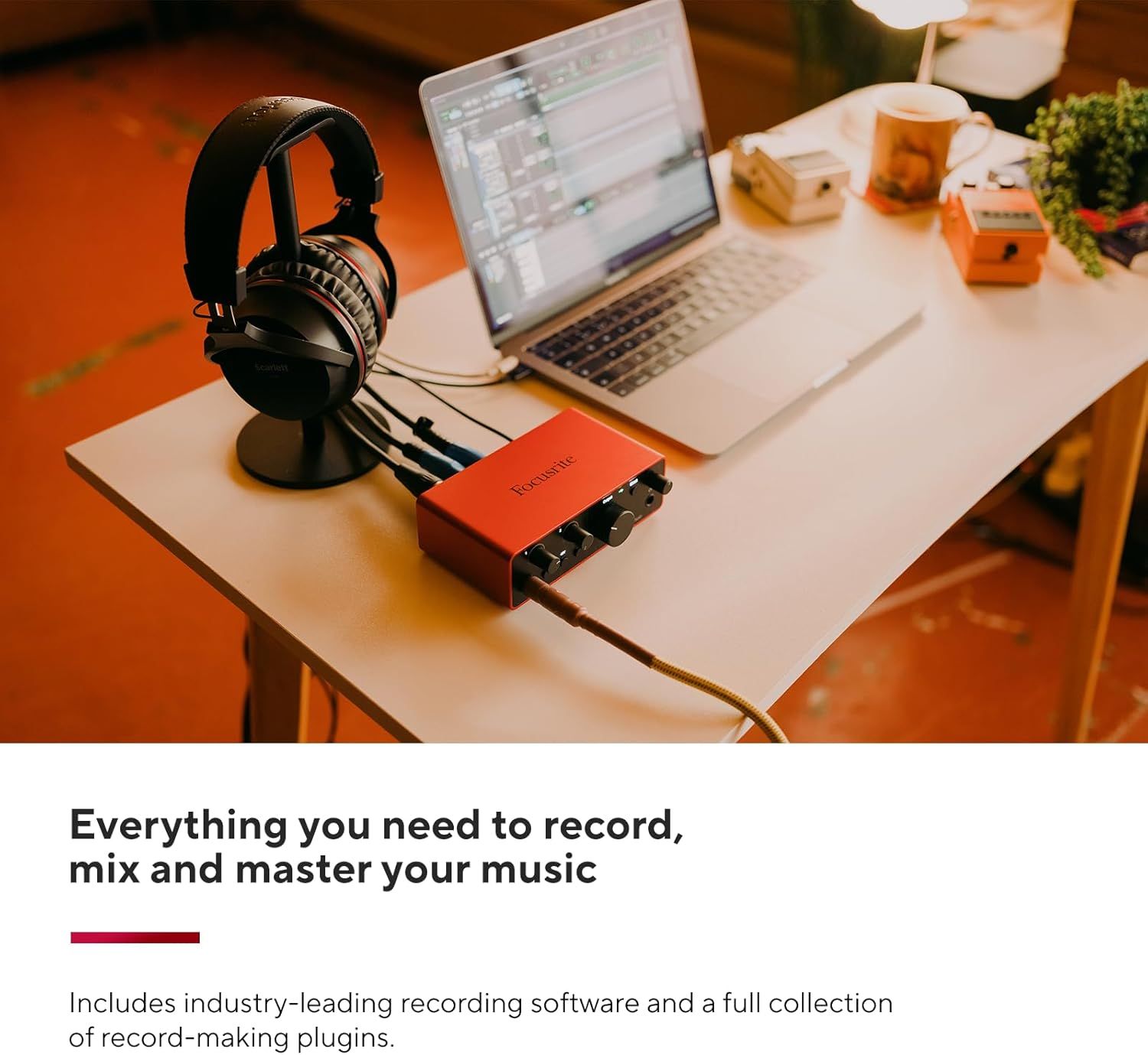 Communicates that the product comes bundled with industry-leading recording software and plugins, reassuring shoppers they have everything needed to record, mix, and master music.