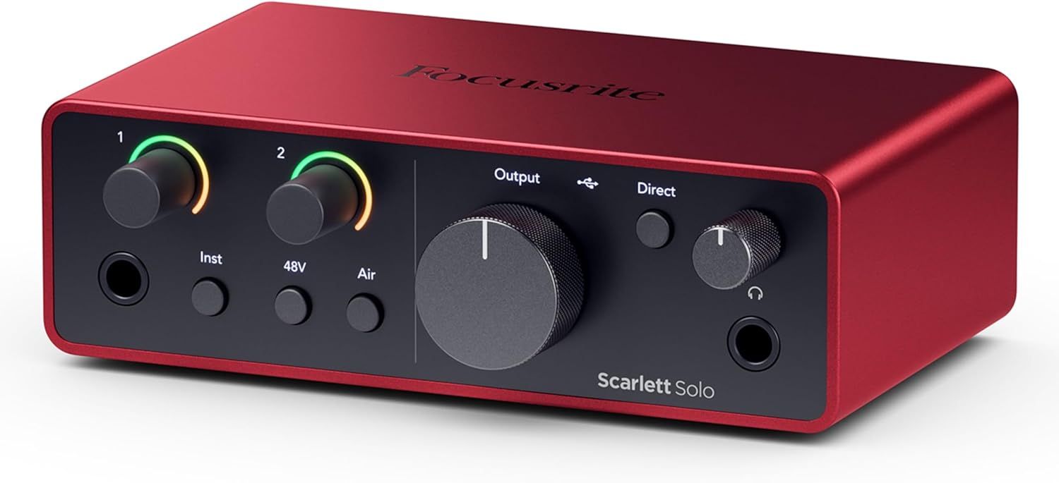 This image showcases the front panel of the audio interface, highlighting all the controls, ports, and functional components to help shoppers understand the product's physical layout and capabilities.