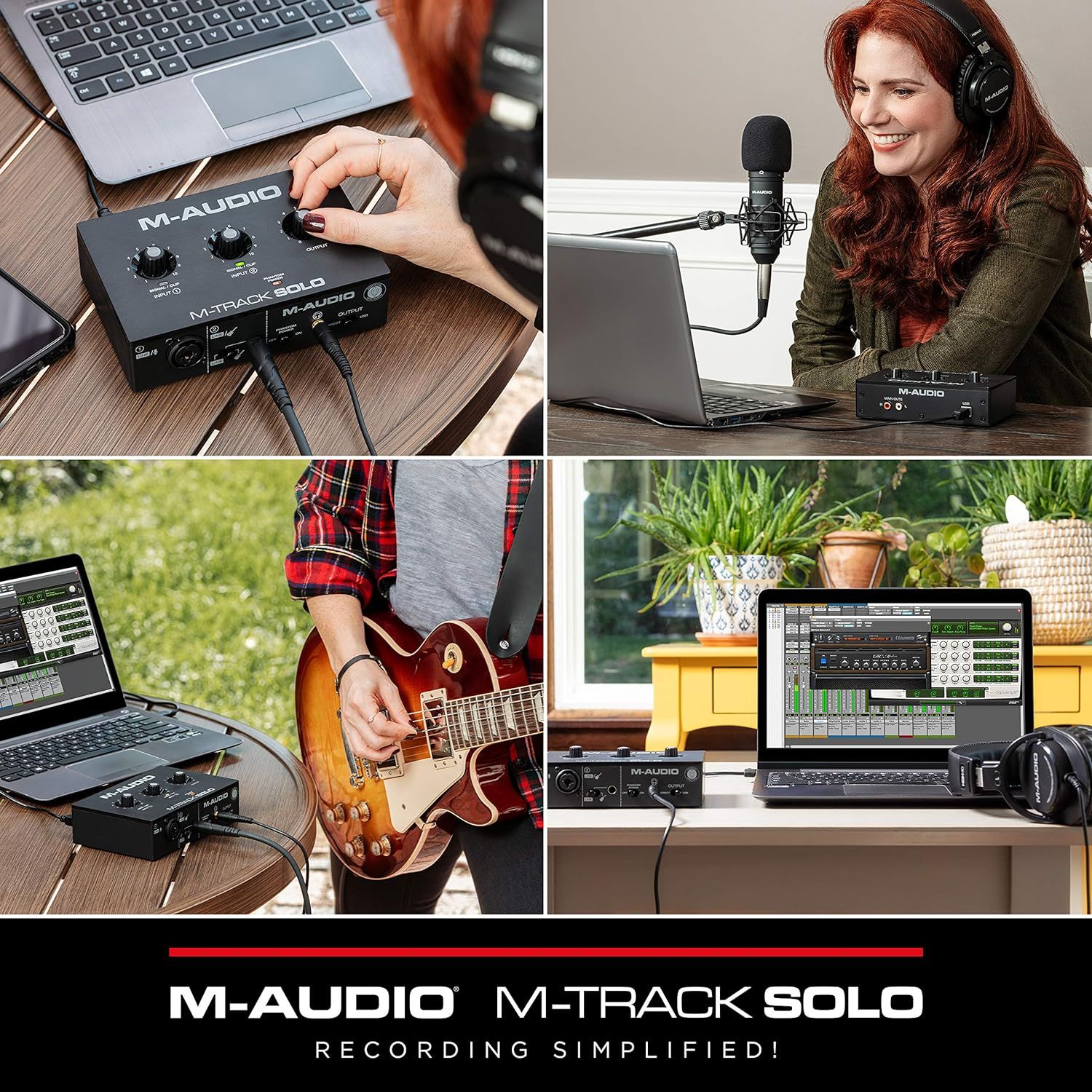 Demonstrates the versatility of the M-Audio M-Track Solo audio interface by showing multiple use cases including podcasting, music production, guitar recording, and home studio setups.