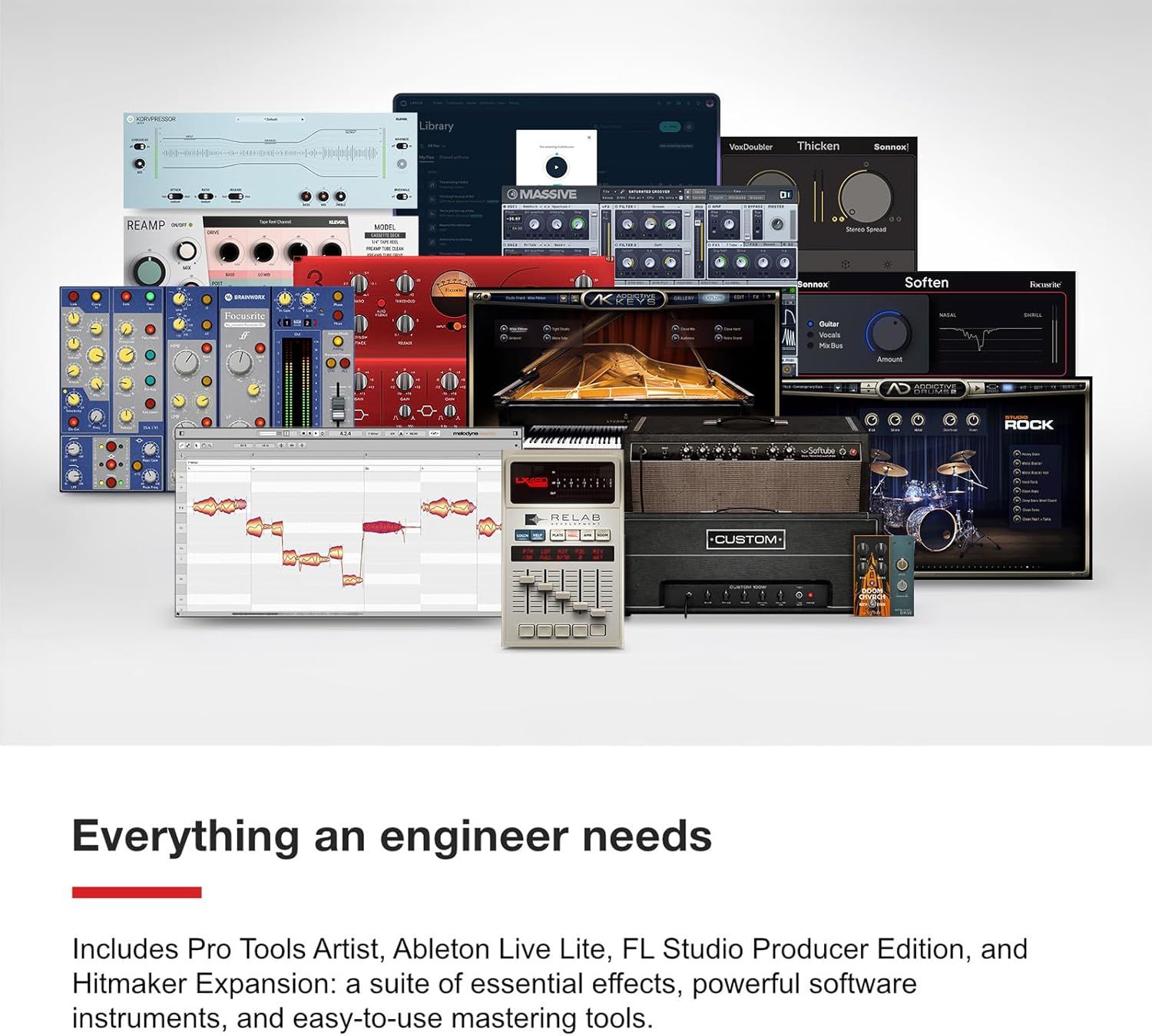 Communicates the comprehensive software package included with the product, showcasing the variety of professional audio tools, instruments, and effects that engineers receive.