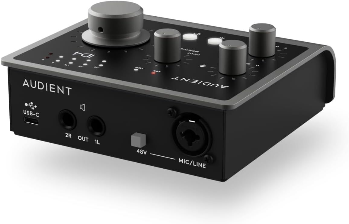 This image highlights the physical components and functional parts of the audio interface, showing customers the various controls, connections, and features available on the device.