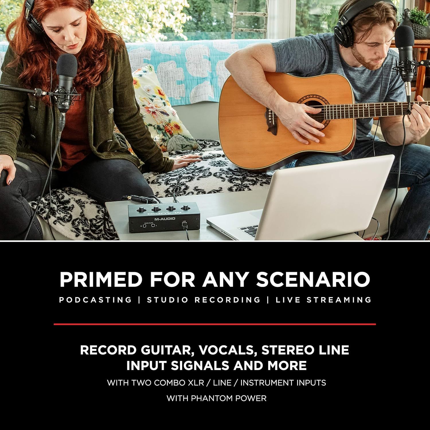 Demonstrates the versatility of the audio interface by showing it can be used for multiple scenarios including podcasting, studio recording, and live streaming.