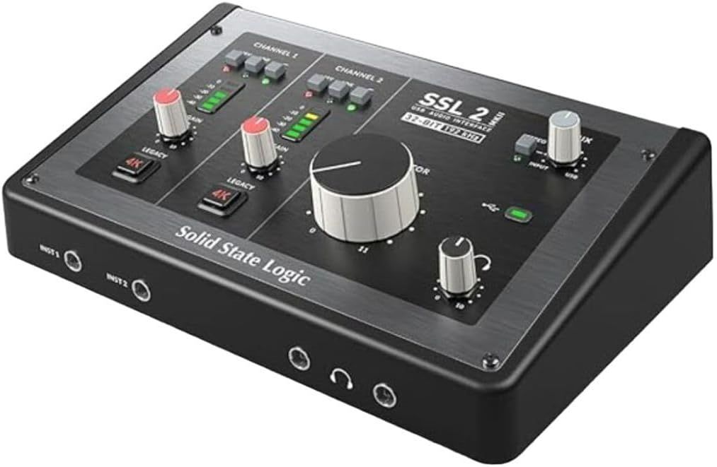 Shows the detailed control panel and interface of the SSL 2 audio interface, allowing shoppers to understand the layout of knobs, buttons, LED indicators, and connection ports.