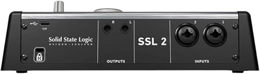 Shows the physical layout and connection points of the SSL 2 audio interface, helping shoppers understand where to plug in cables and devices.