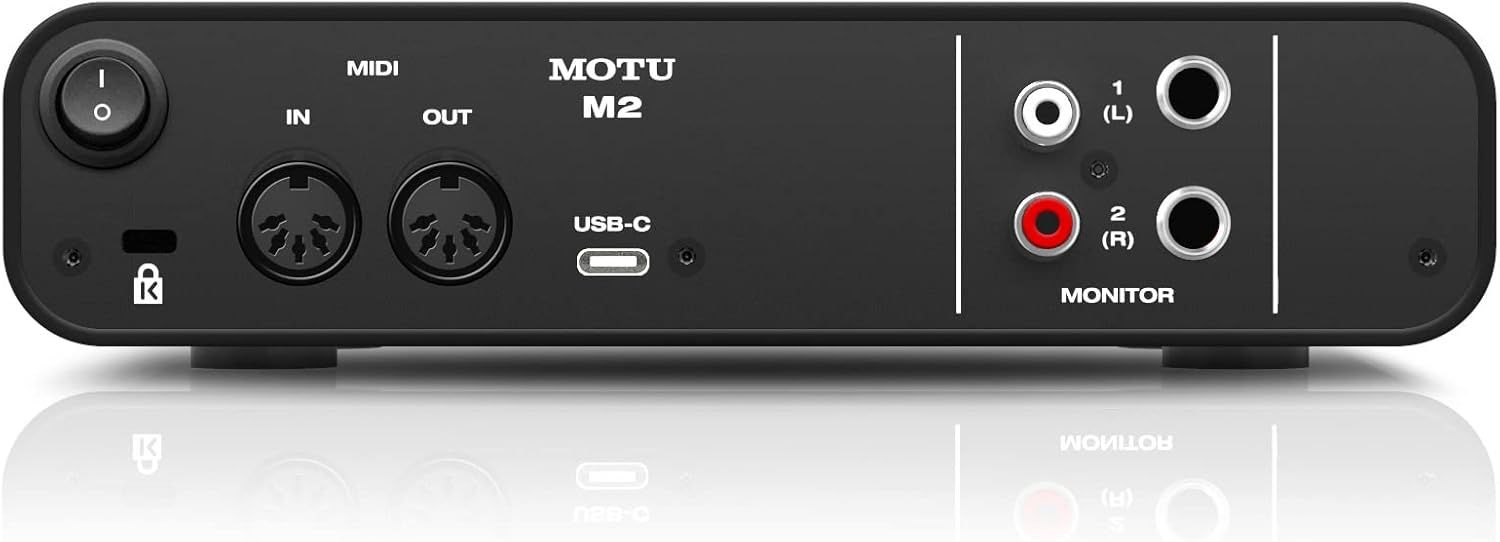This image breaks down the audio interface by labeling all key ports and controls, helping shoppers understand the connectivity options and physical layout of the device.