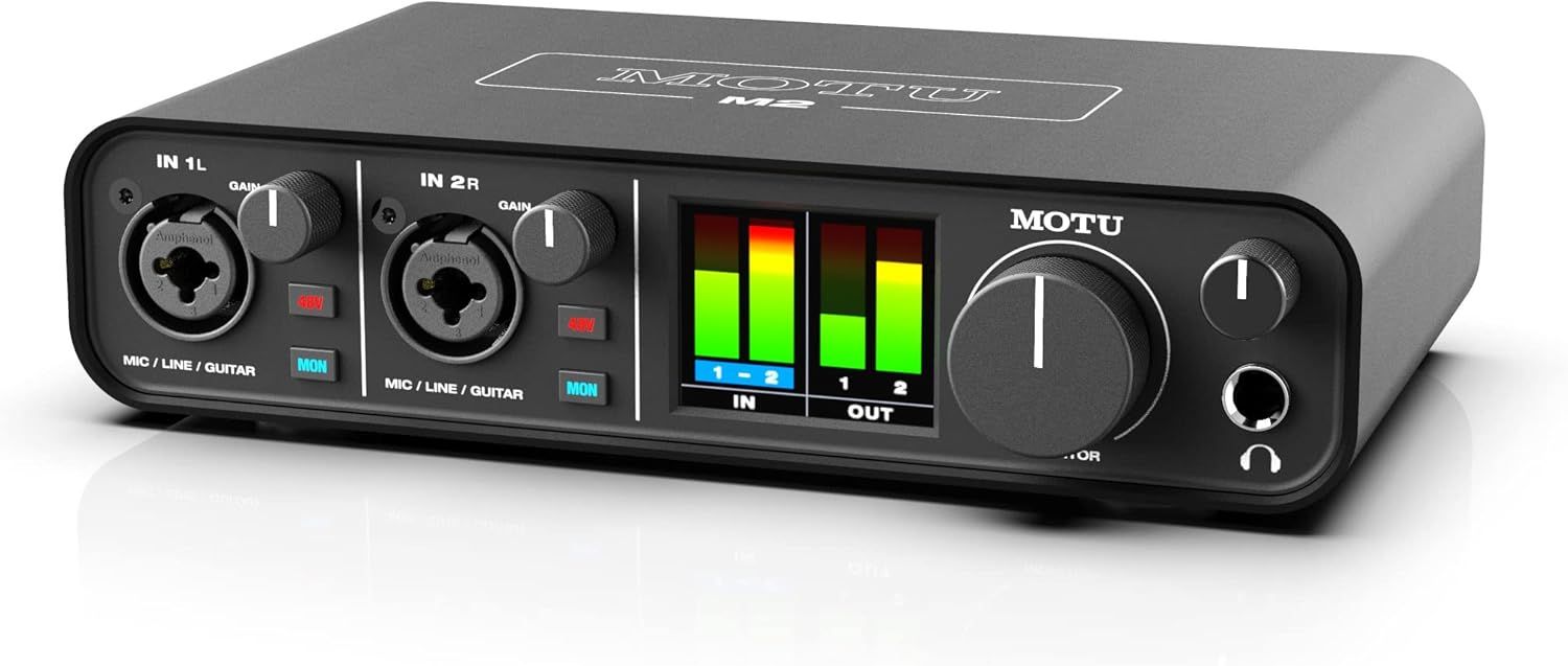 This image showcases the front panel layout and key functional components of the audio interface, helping shoppers understand the input/output configuration and control features available.