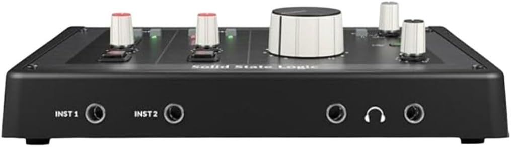 Shows the front panel layout of the audio interface, highlighting the input ports, control knobs, and headphone jack to help shoppers understand the physical controls and connectivity options…